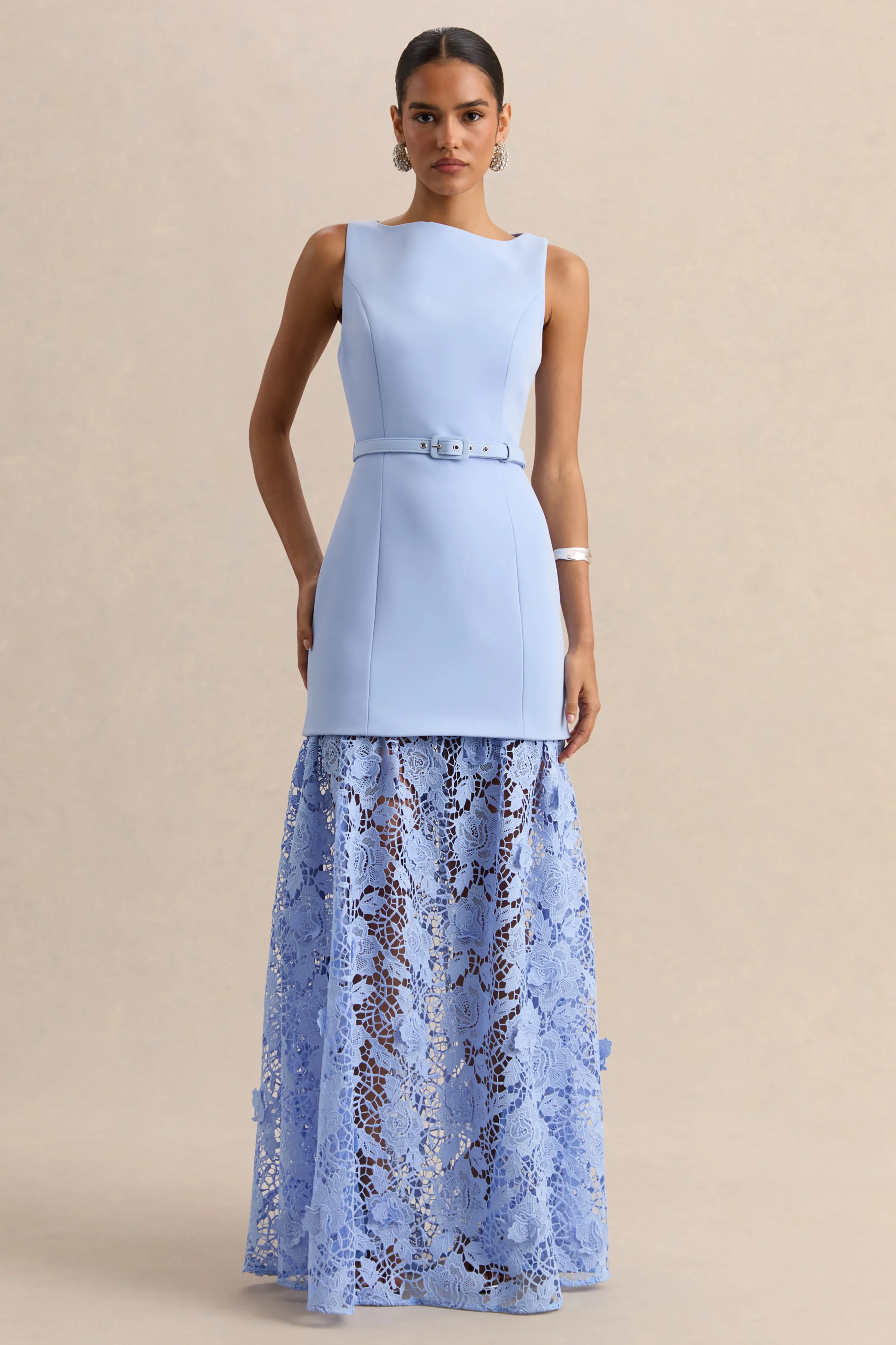 Verena | Powder Blue Boat-Neck Belted Maxi Dress With Lace Skirt