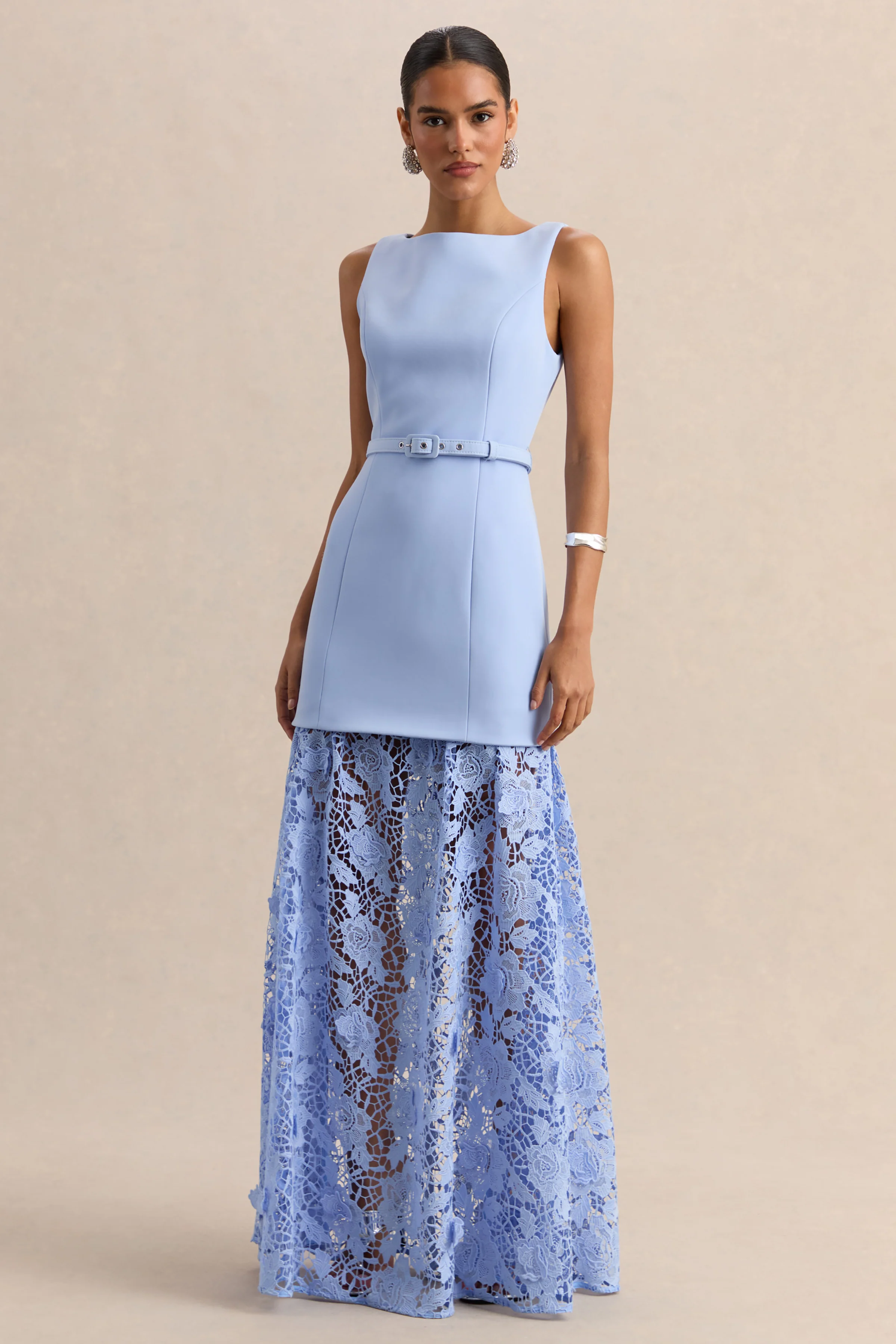 Verena | Powder Blue Boat-Neck Belted Maxi Dress With Lace Skirt - Image 4