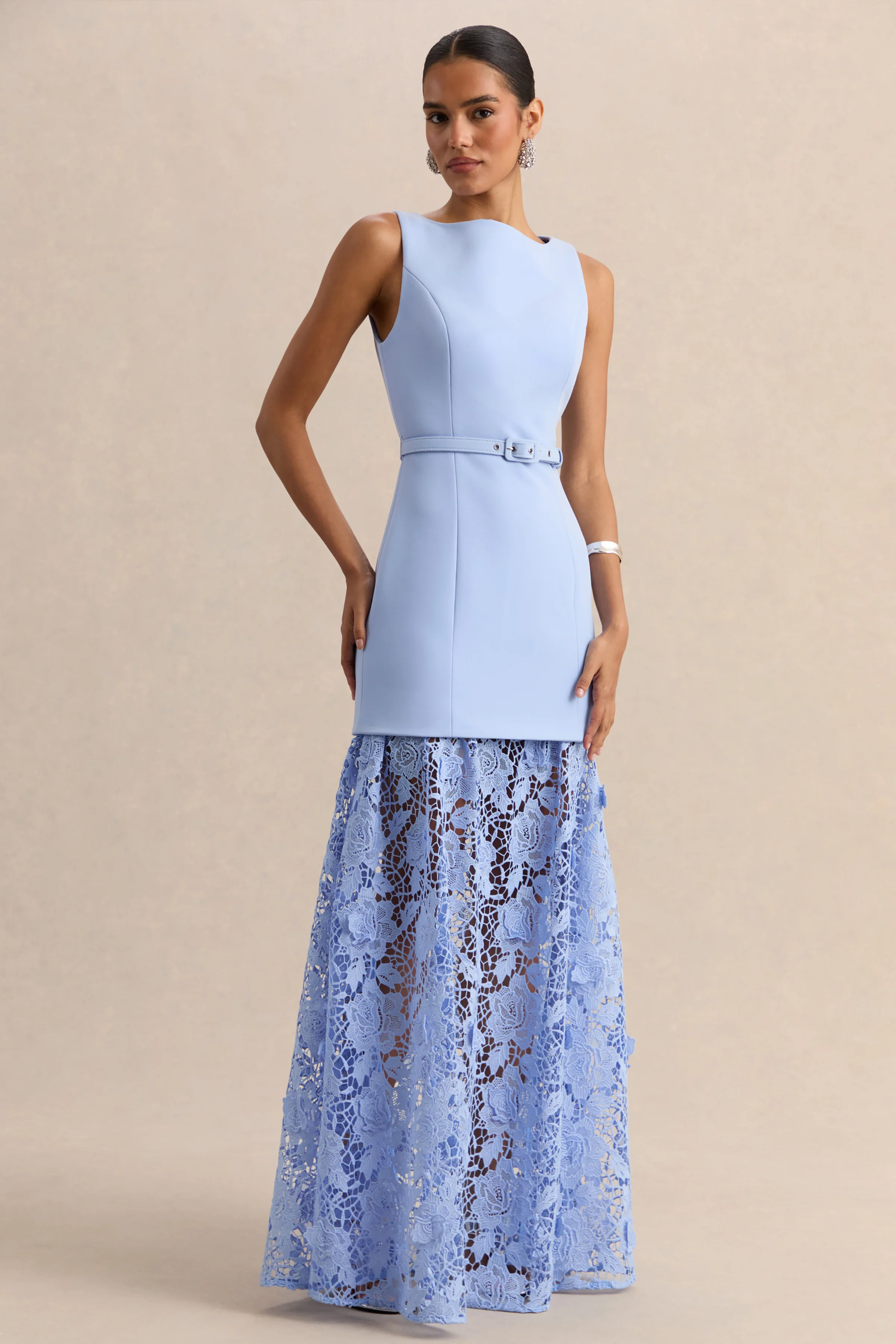 Verena | Powder Blue Boat-Neck Belted Maxi Dress With Lace Skirt - Image 5