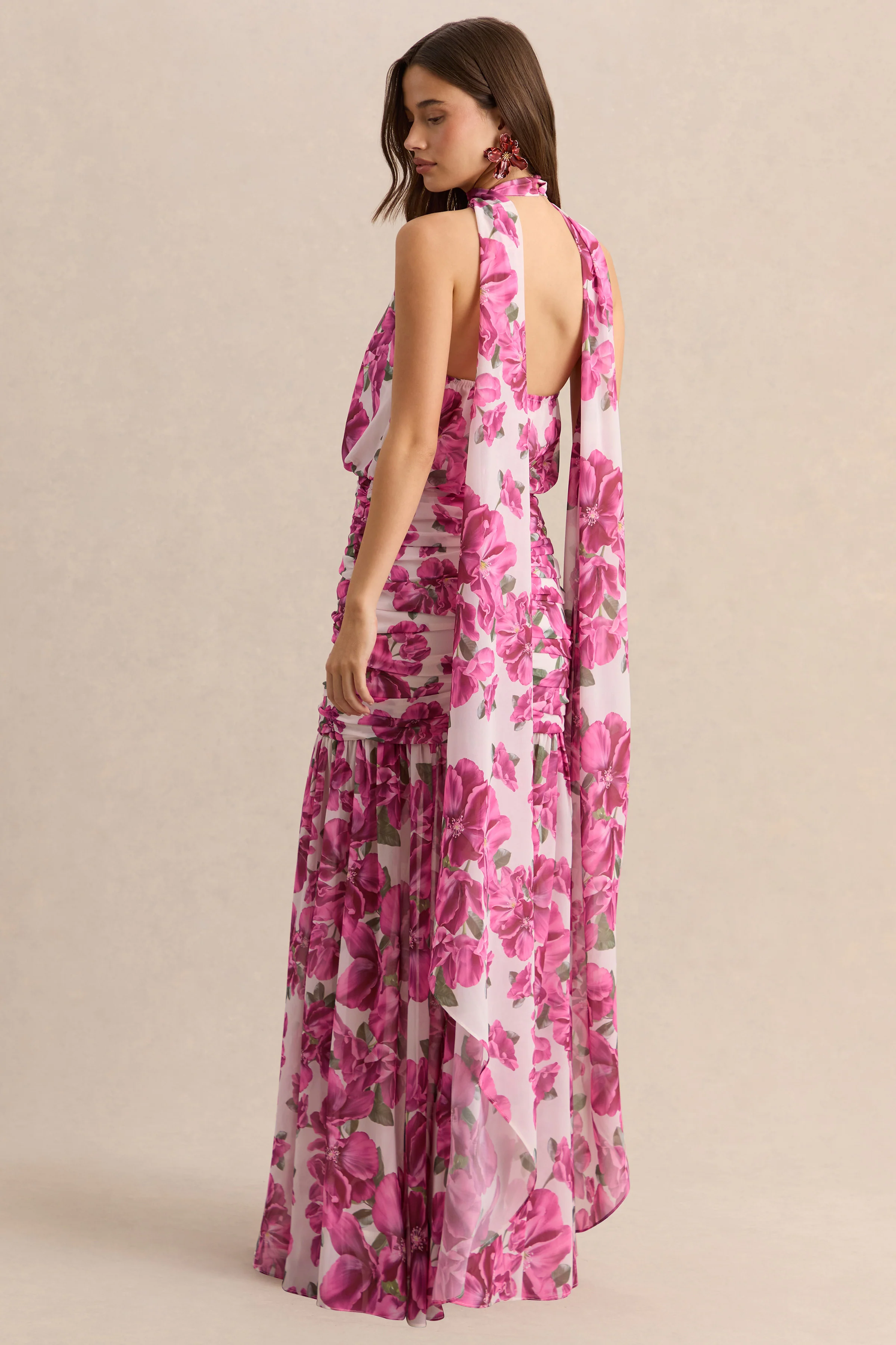 Veronique | Pink Hibiscus Floral Halter-Neck Maxi Dress - Image 2