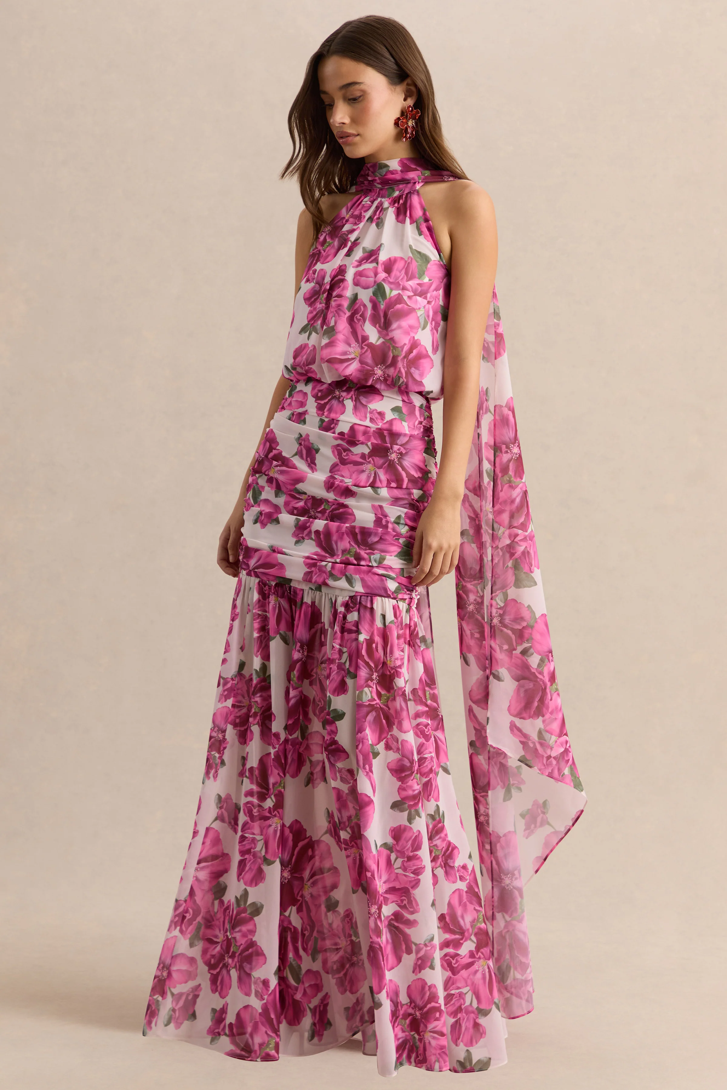 Veronique | Pink Hibiscus Floral Halter-Neck Maxi Dress - Image 4
