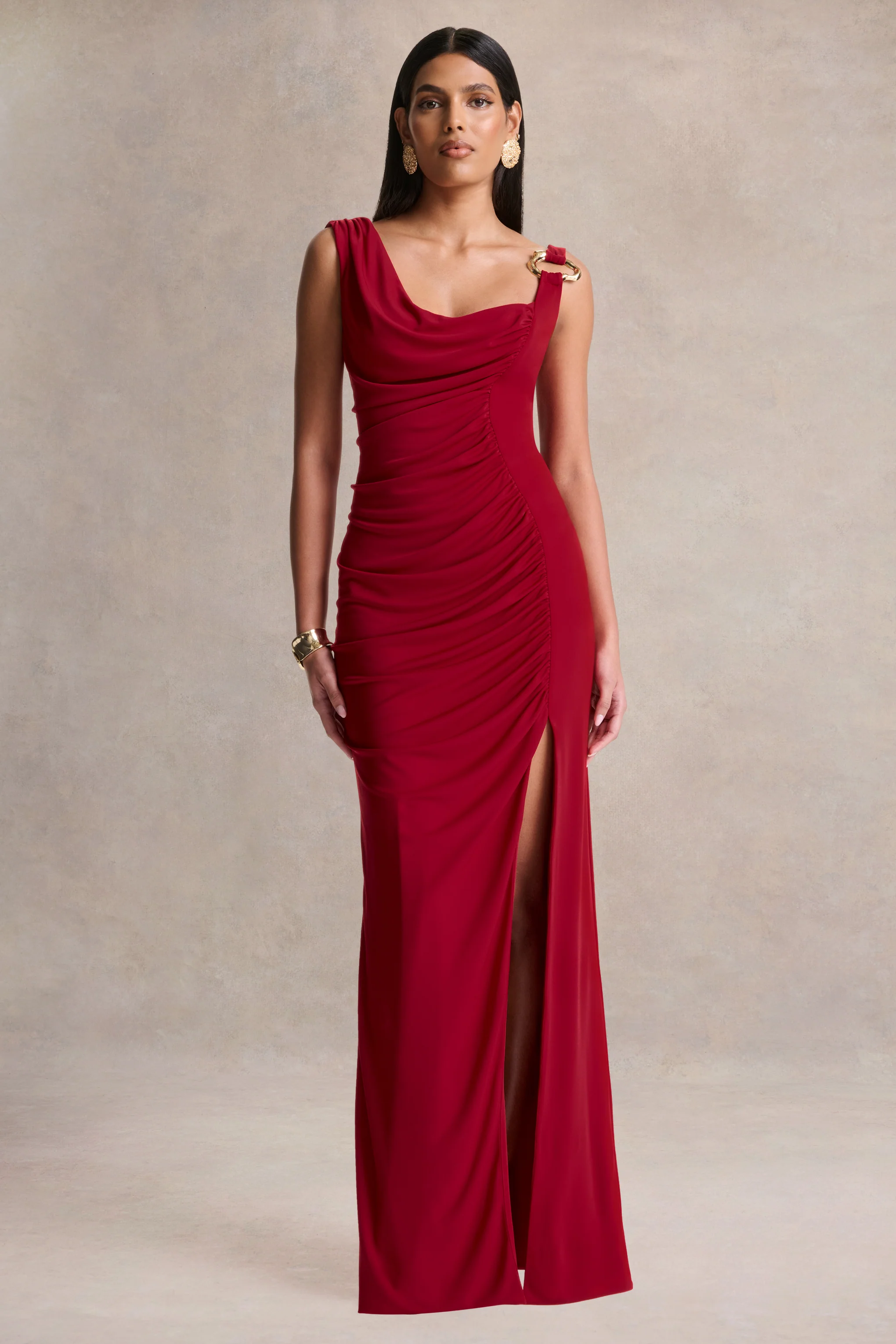 Vesperelle | Red Scoop-Neck Maxi Dress With Gathered-Detailing - Image 4