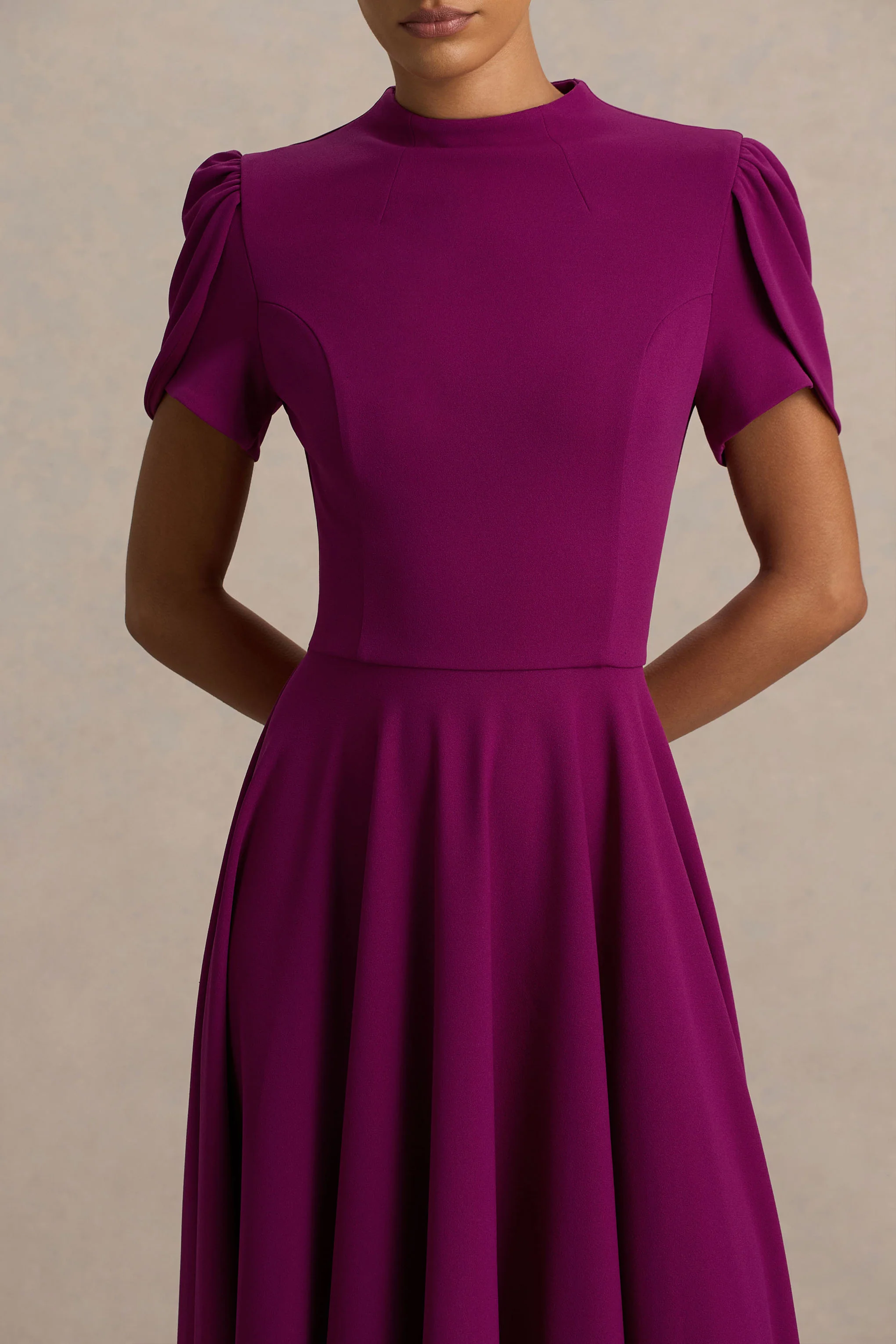 Vicky | Mulberry High Neck Midi Dress With Puff Sleeves - Image 3