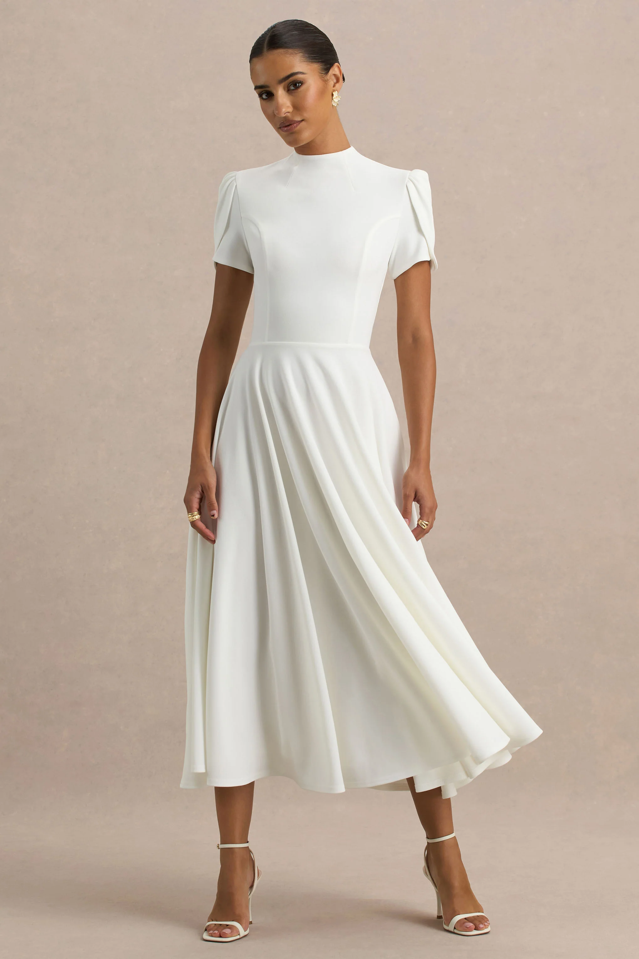Vicky | White High Neck Midi Dress With Puff Sleeves - Image 4