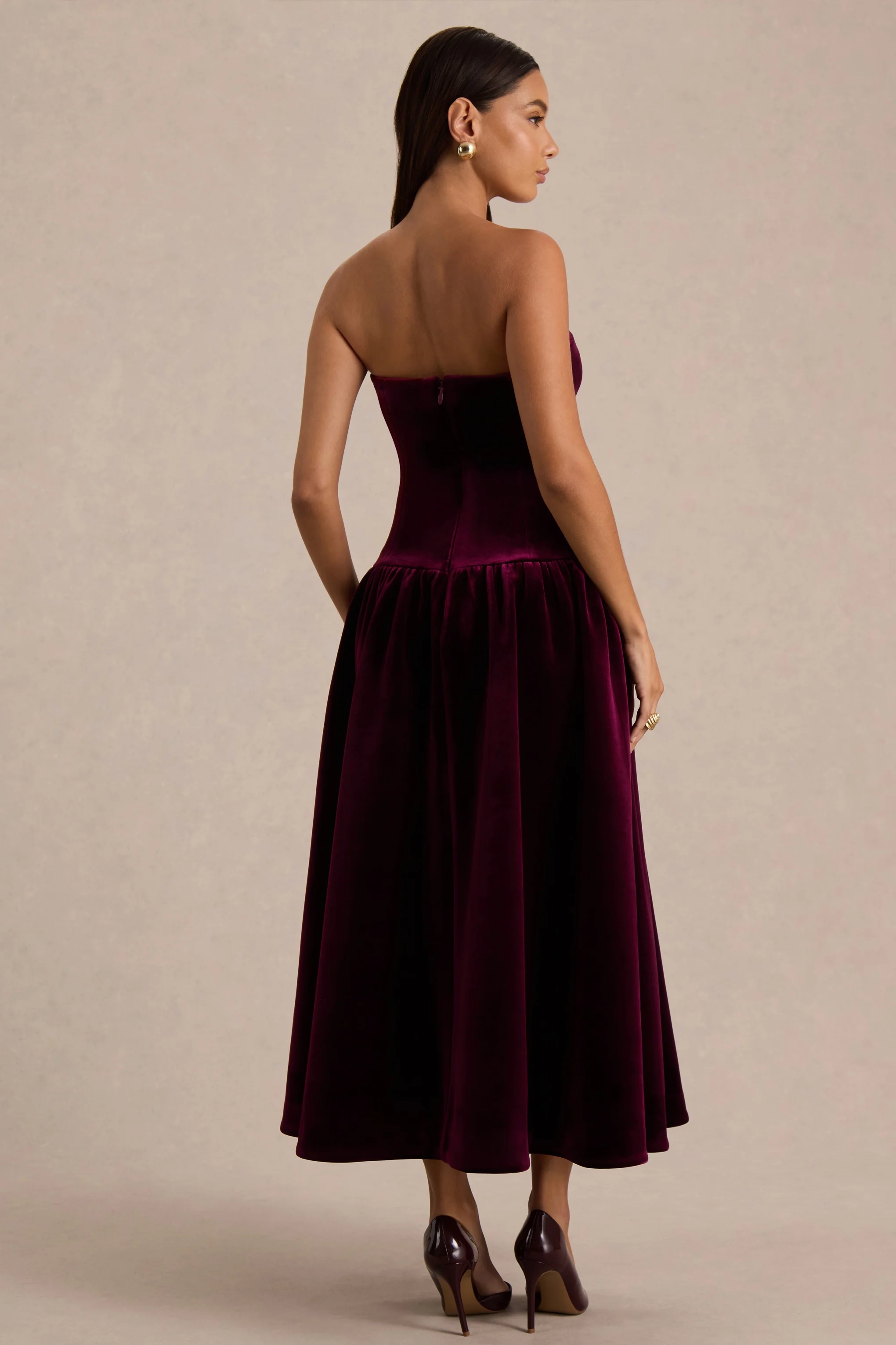 Violetta | Burgundy Velvet Bandeau Midi Dress With Drop-Waist And Gathered Skirt - Image 2