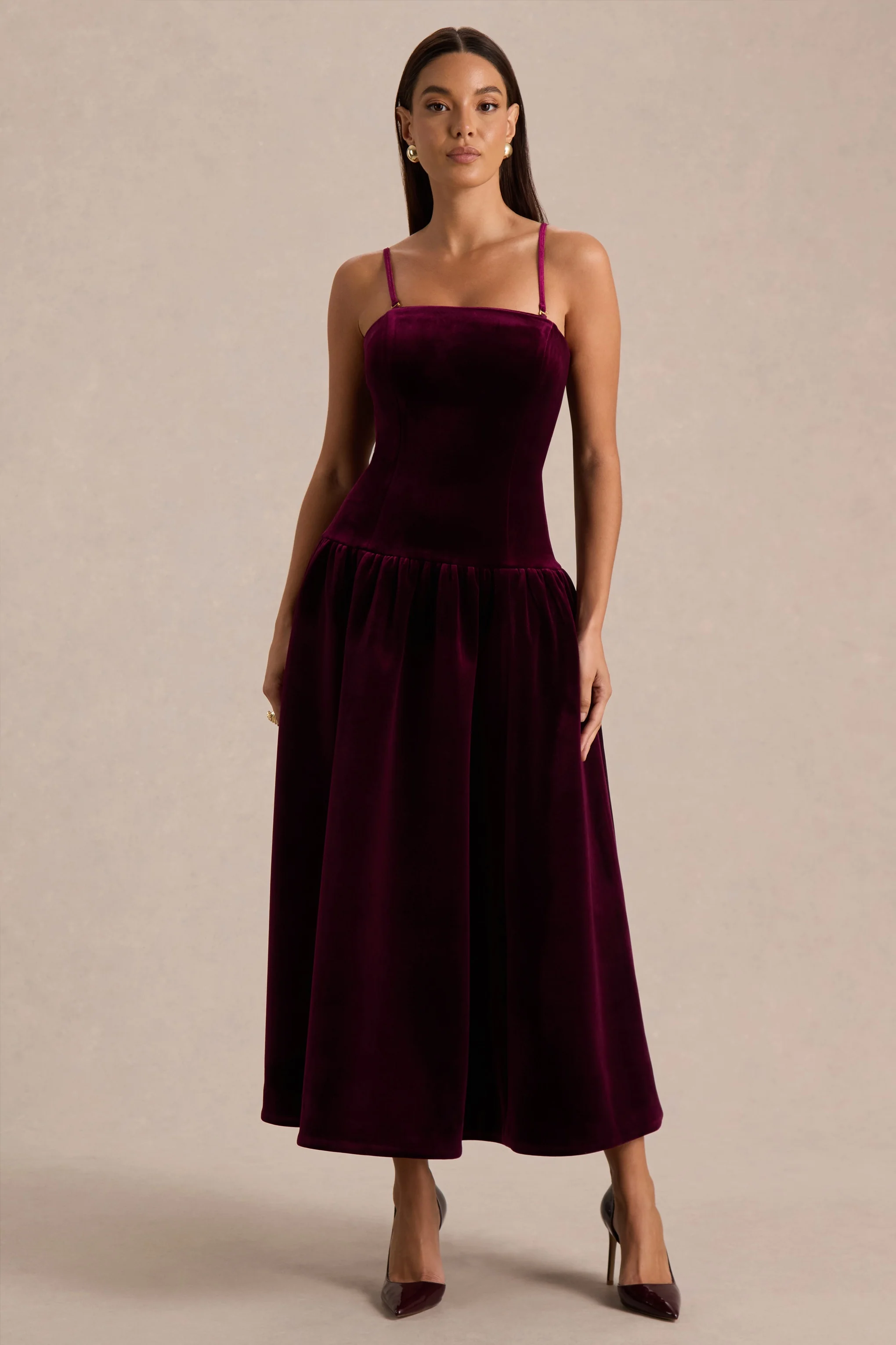 Violetta | Burgundy Velvet Bandeau Midi Dress With Drop-Waist And Gathered Skirt - Image 3