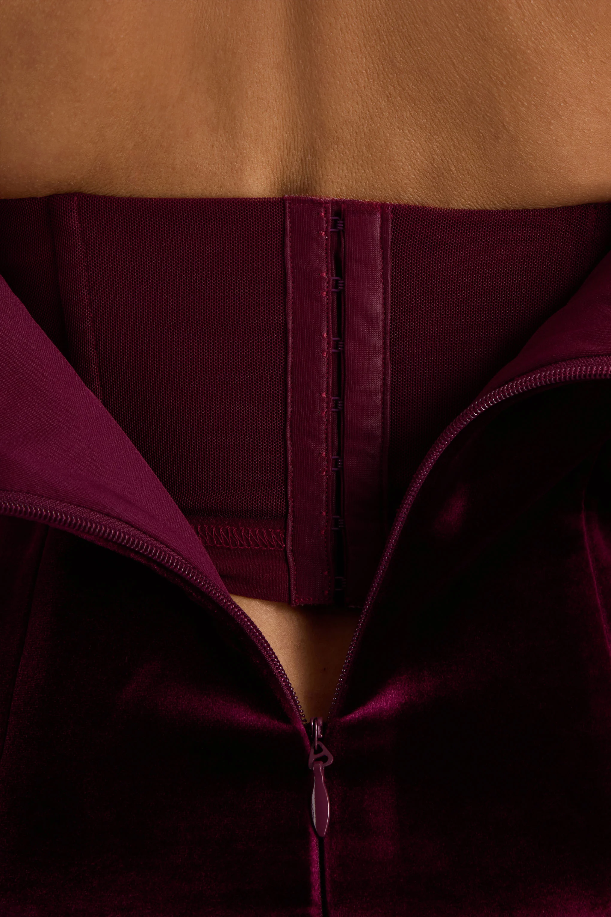 Violetta | Burgundy Velvet Bandeau Midi Dress With Drop-Waist And Gathered Skirt - Image 6