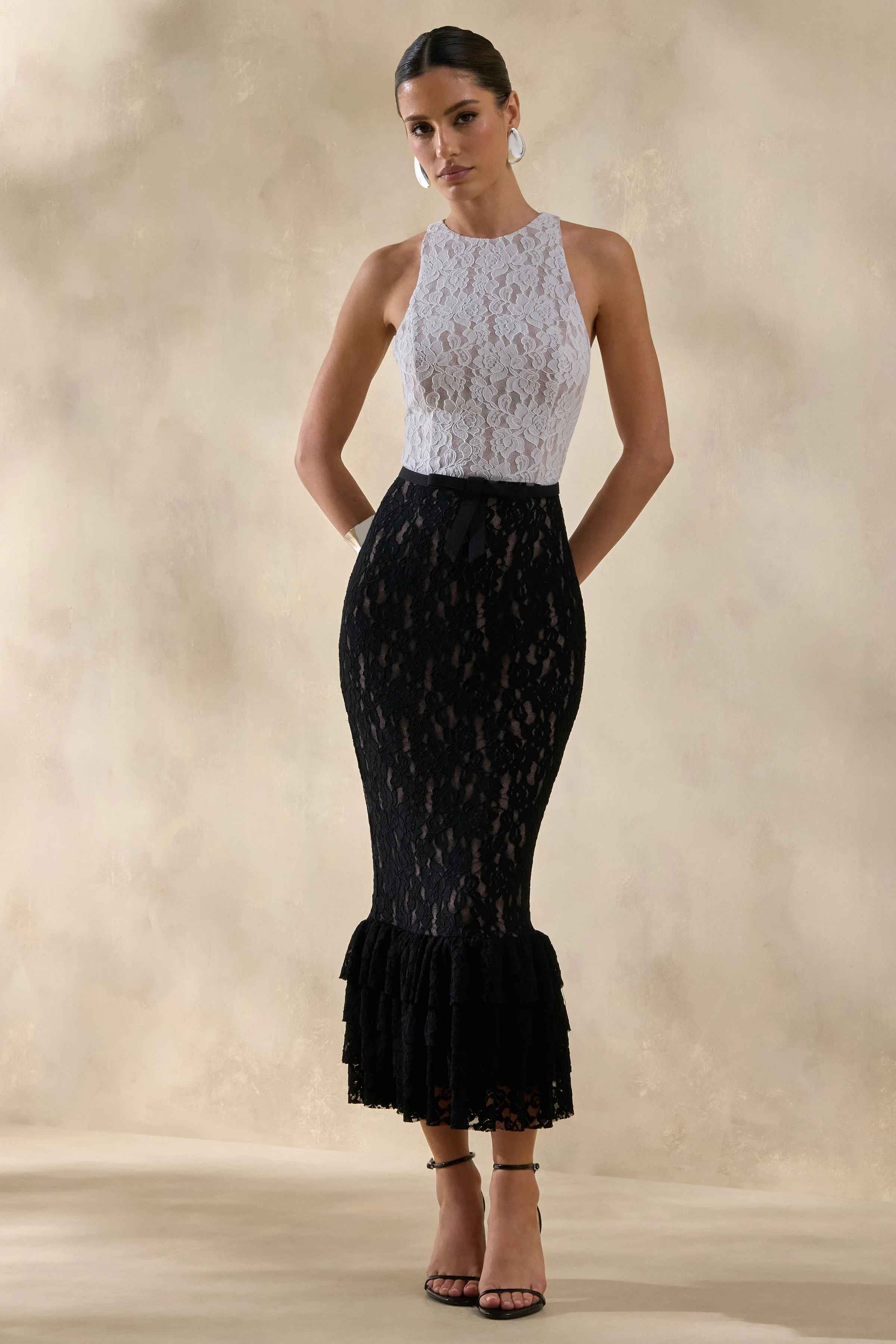 Vionna | Black And White Lace High-Neck Midi Dress With Bow-Belt Detail - Image 4