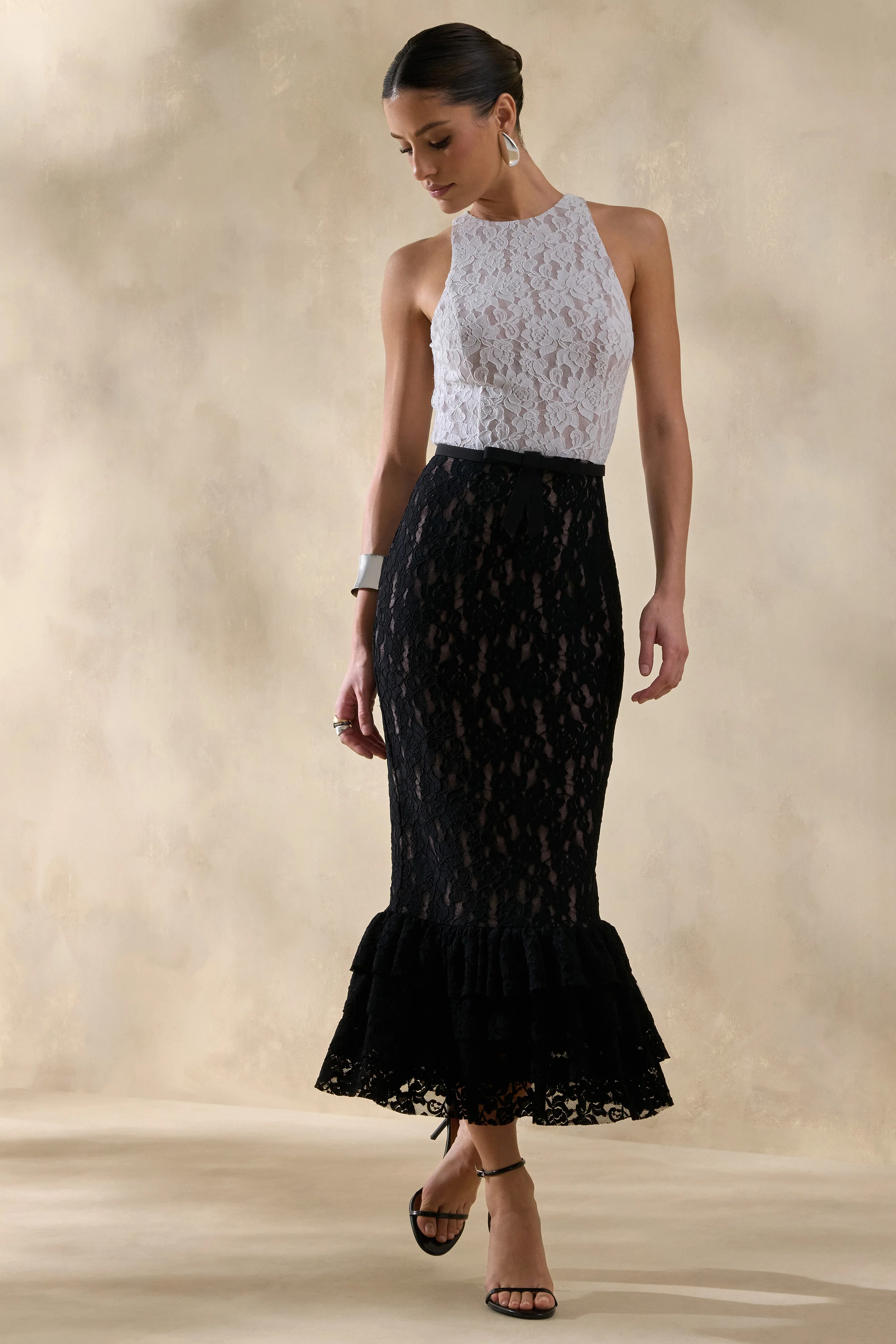Vionna | Black And White Lace High-Neck Midi Dress With Bow-Belt Detail - Image 5