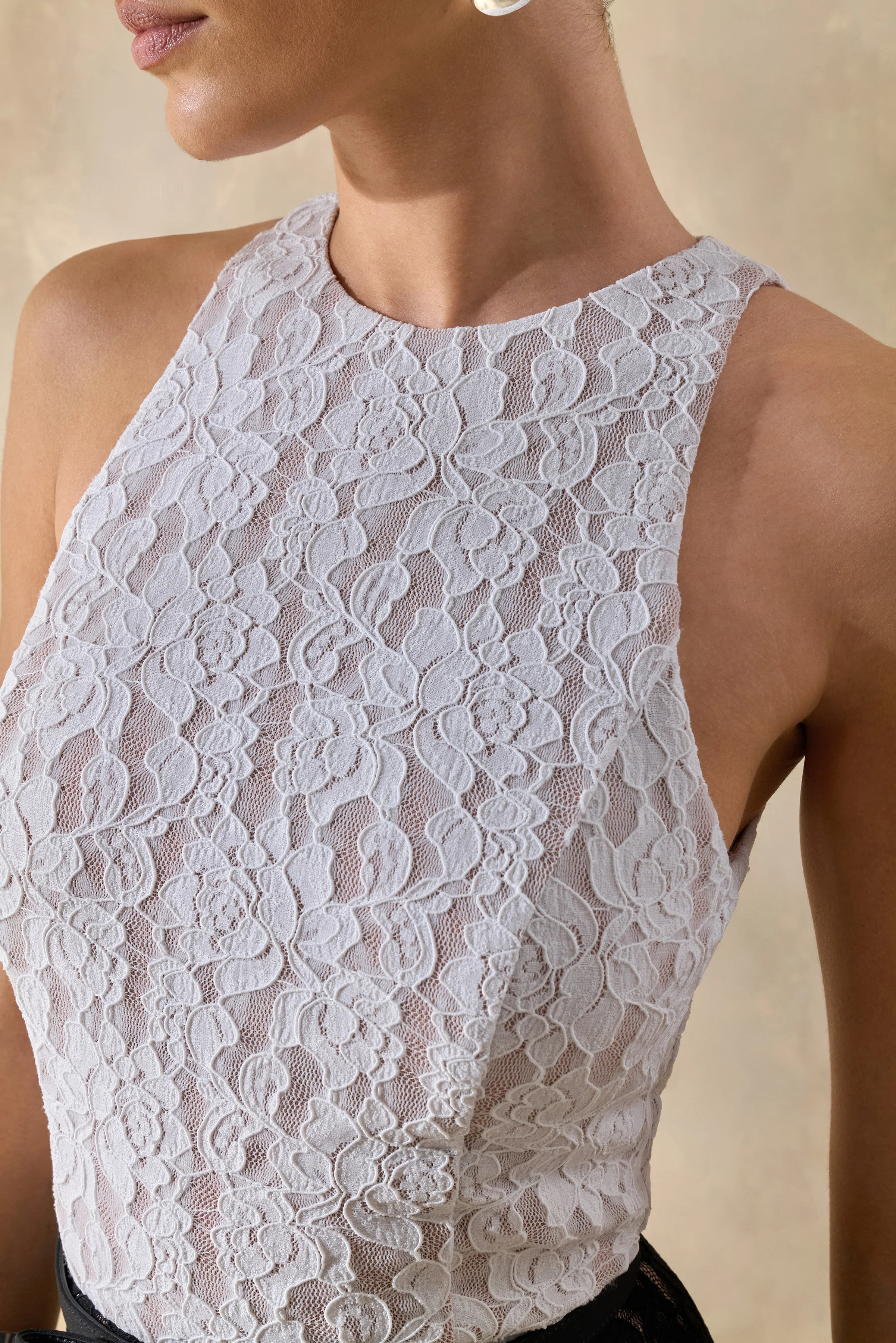 Vionna | Black And White Lace High-Neck Midi Dress With Bow-Belt Detail - Image 6