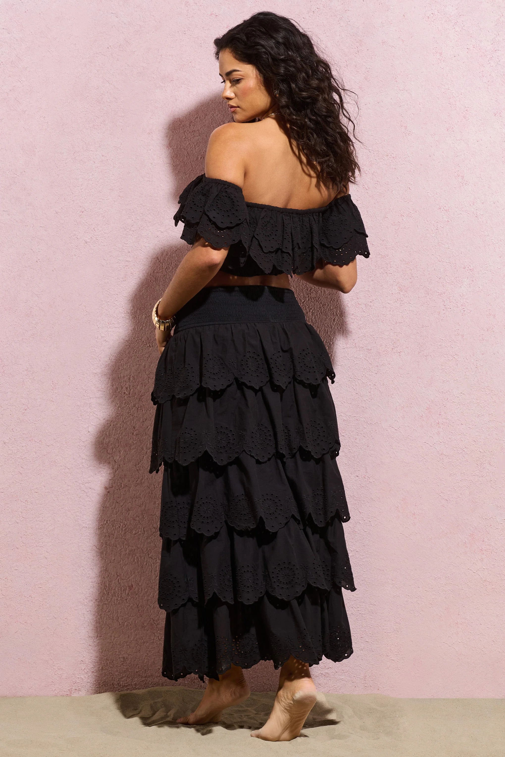 Vista | Black Broderie Ruffled Tiered Maxi Skirt - Image 7