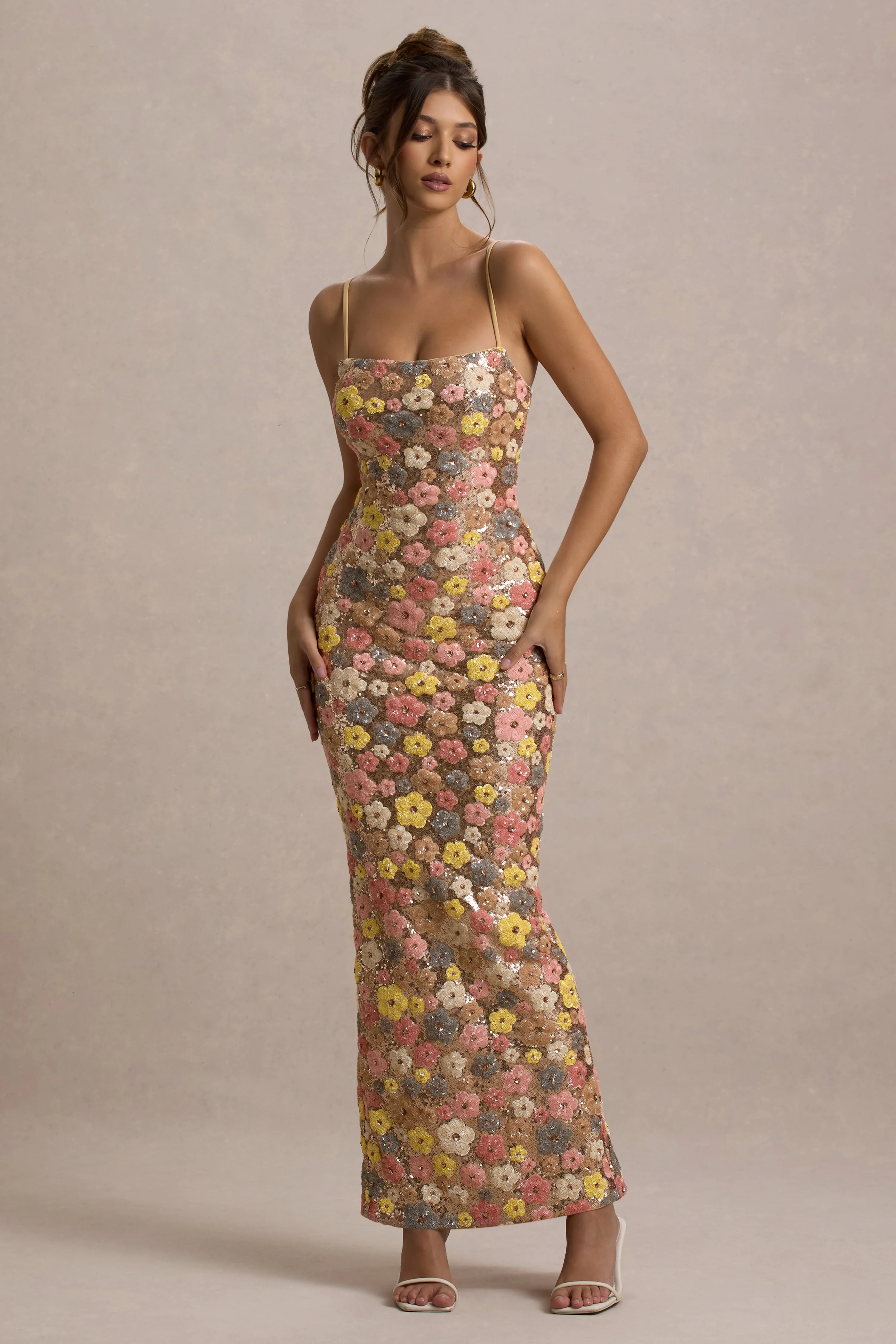 Vitora | Pastel Floral Print Embellished Sequin Square-Neck Maxi Dress - Image 4