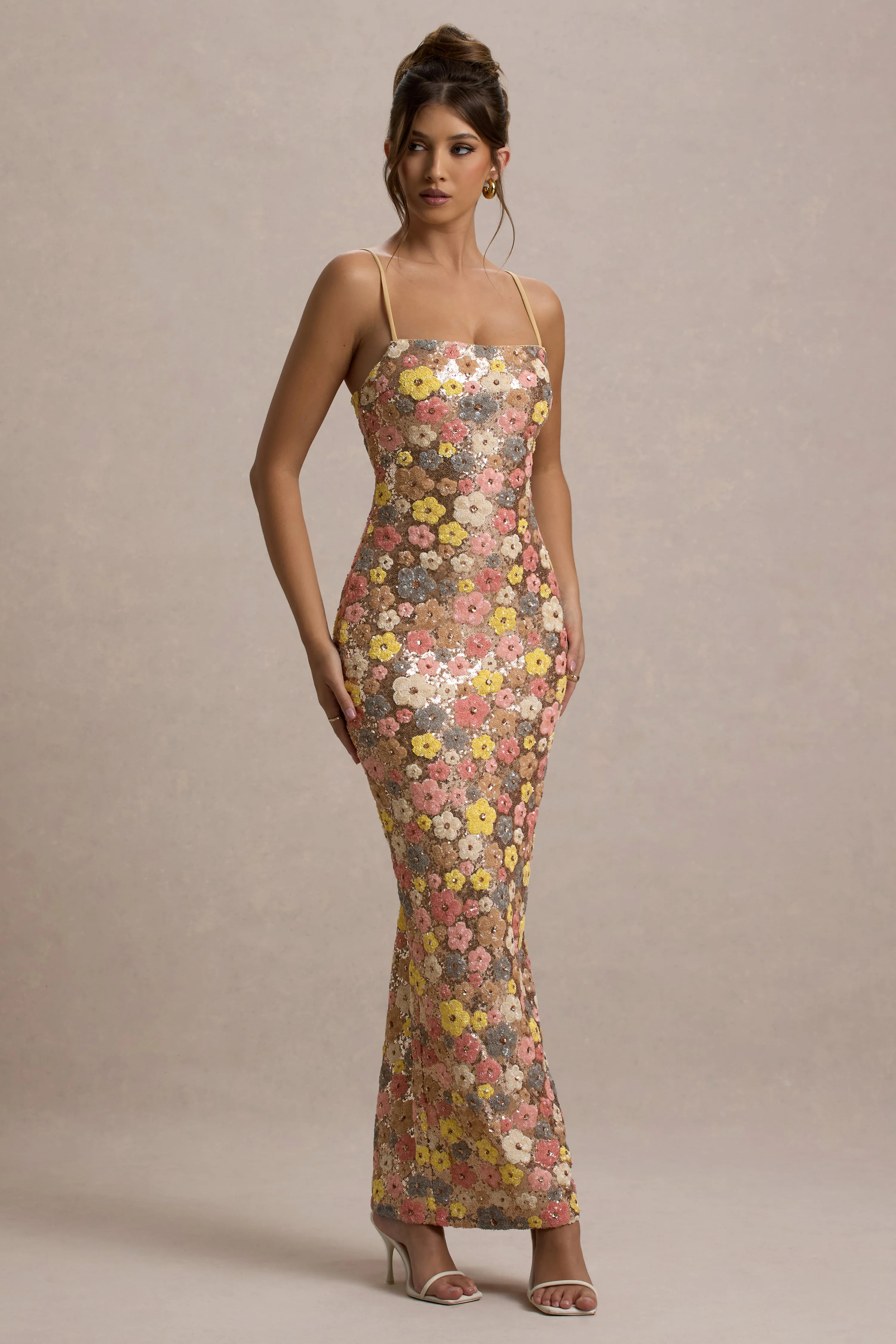 Vitora | Pastel Floral Print Embellished Sequin Square-Neck Maxi Dress - Image 5