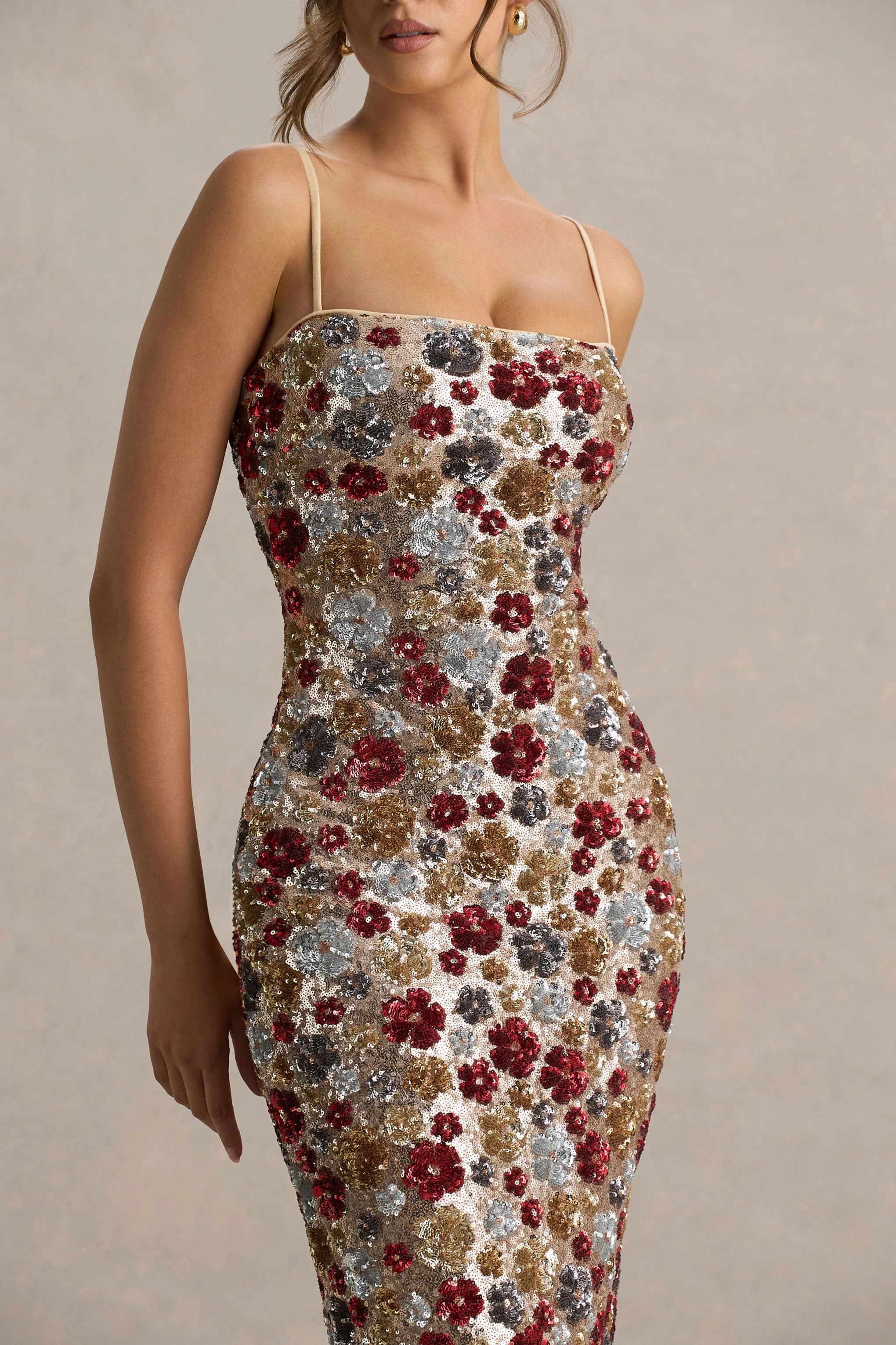 Vitora | Red Floral Embellished Sequin Square-Neck Maxi Dress - Image 3