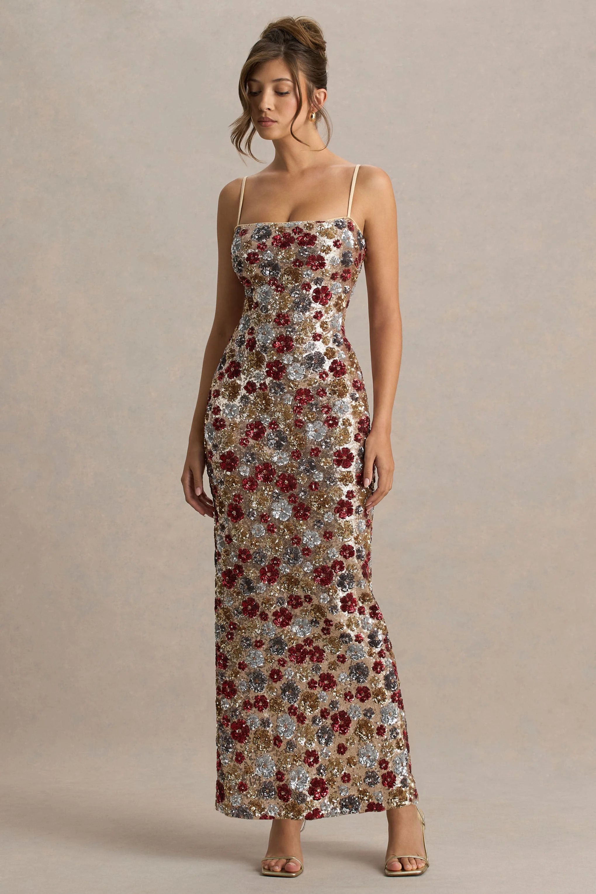 Vitora | Red Floral Embellished Sequin Square-Neck Maxi Dress - Image 5