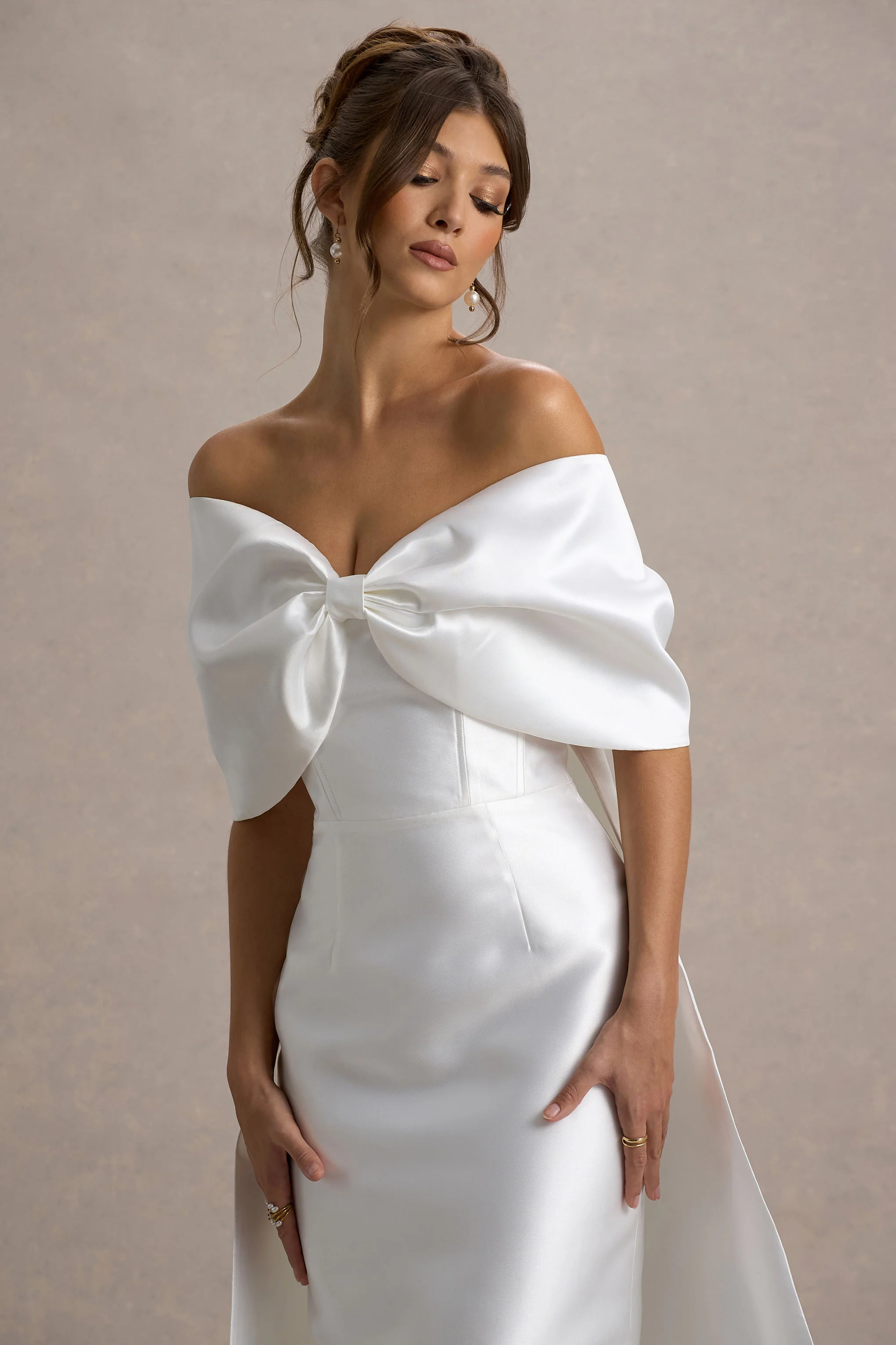 Wanting More | Off White Satin Cape Maxi Dress With Oversized Bow - Image 3