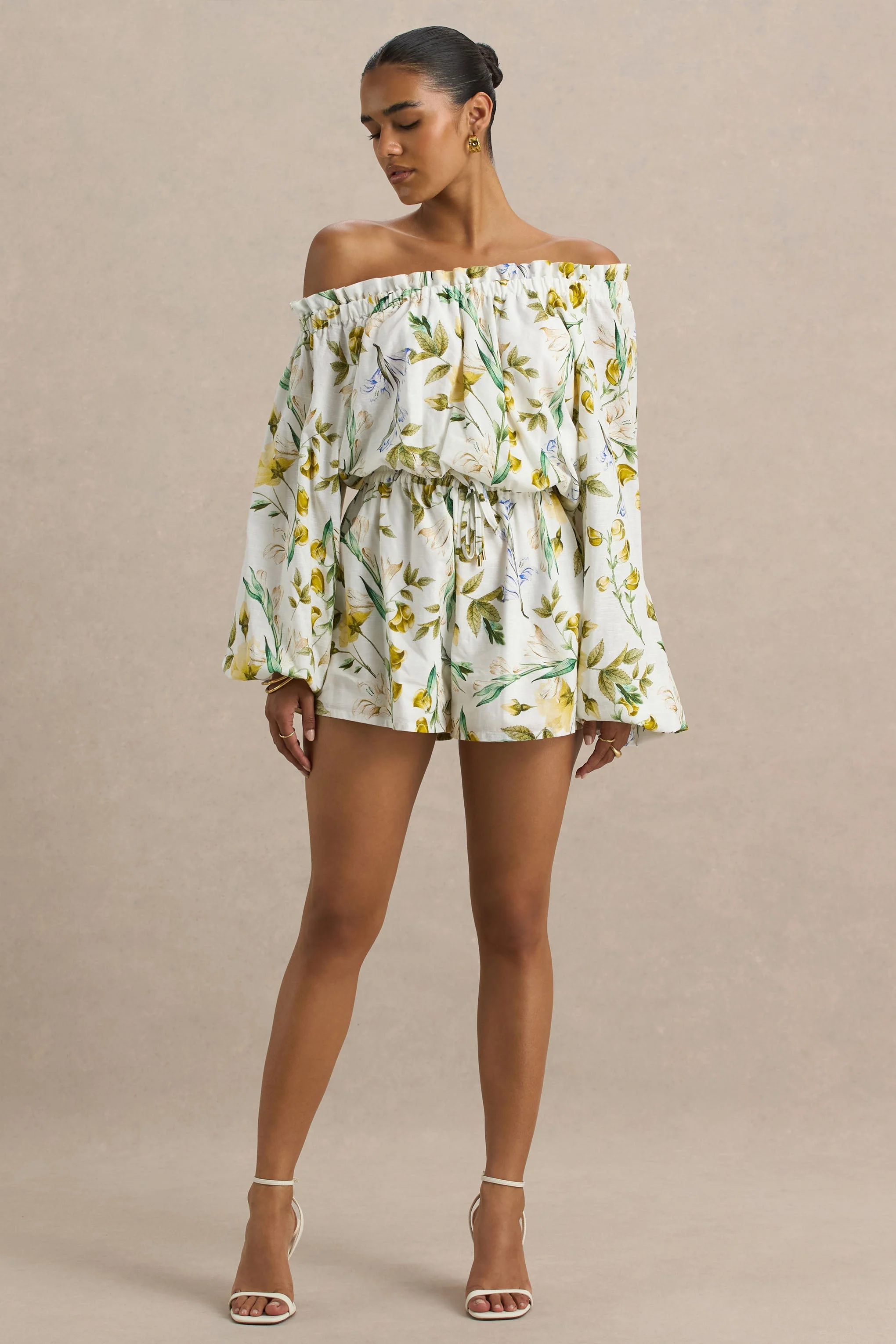 Waterfall | Lemon Floral Print Asymmetric Long-Sleeve Playsuit - Image 3