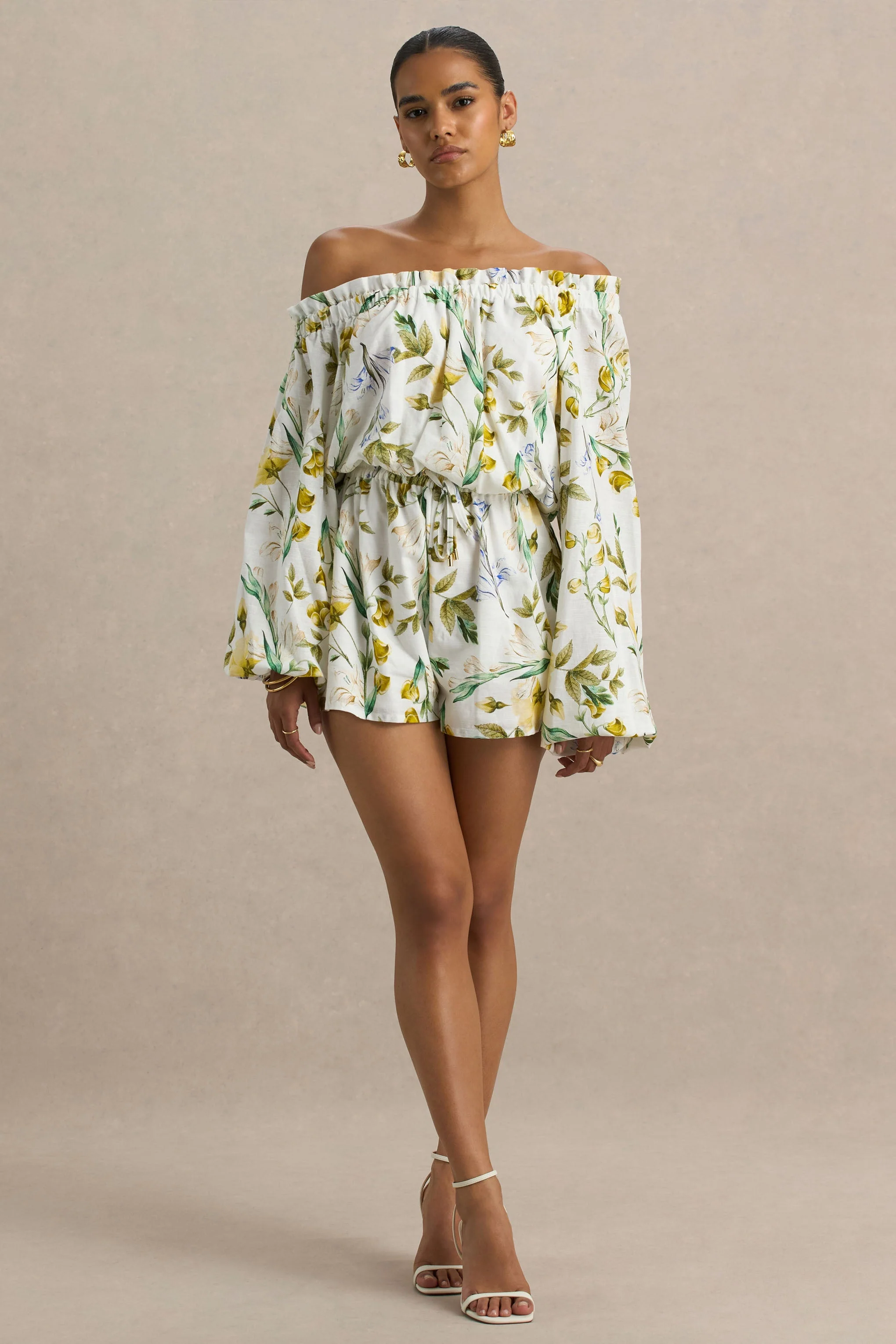 Waterfall | Lemon Floral Print Asymmetric Long-Sleeve Playsuit - Image 5