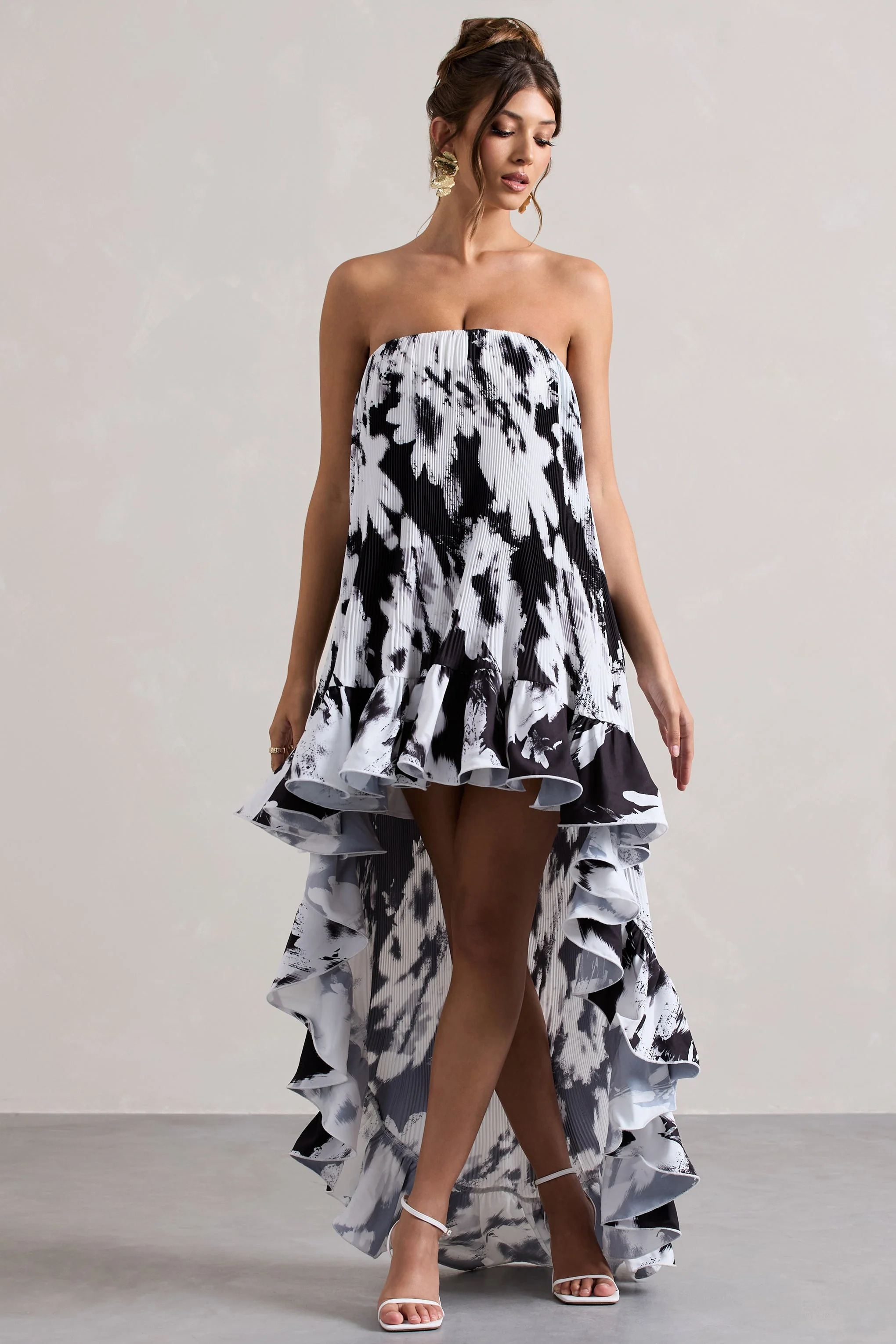 Whistler | Monochrome Floral Chiffon Bandeau High-Low Ruffled Maxi Dress - Image 3