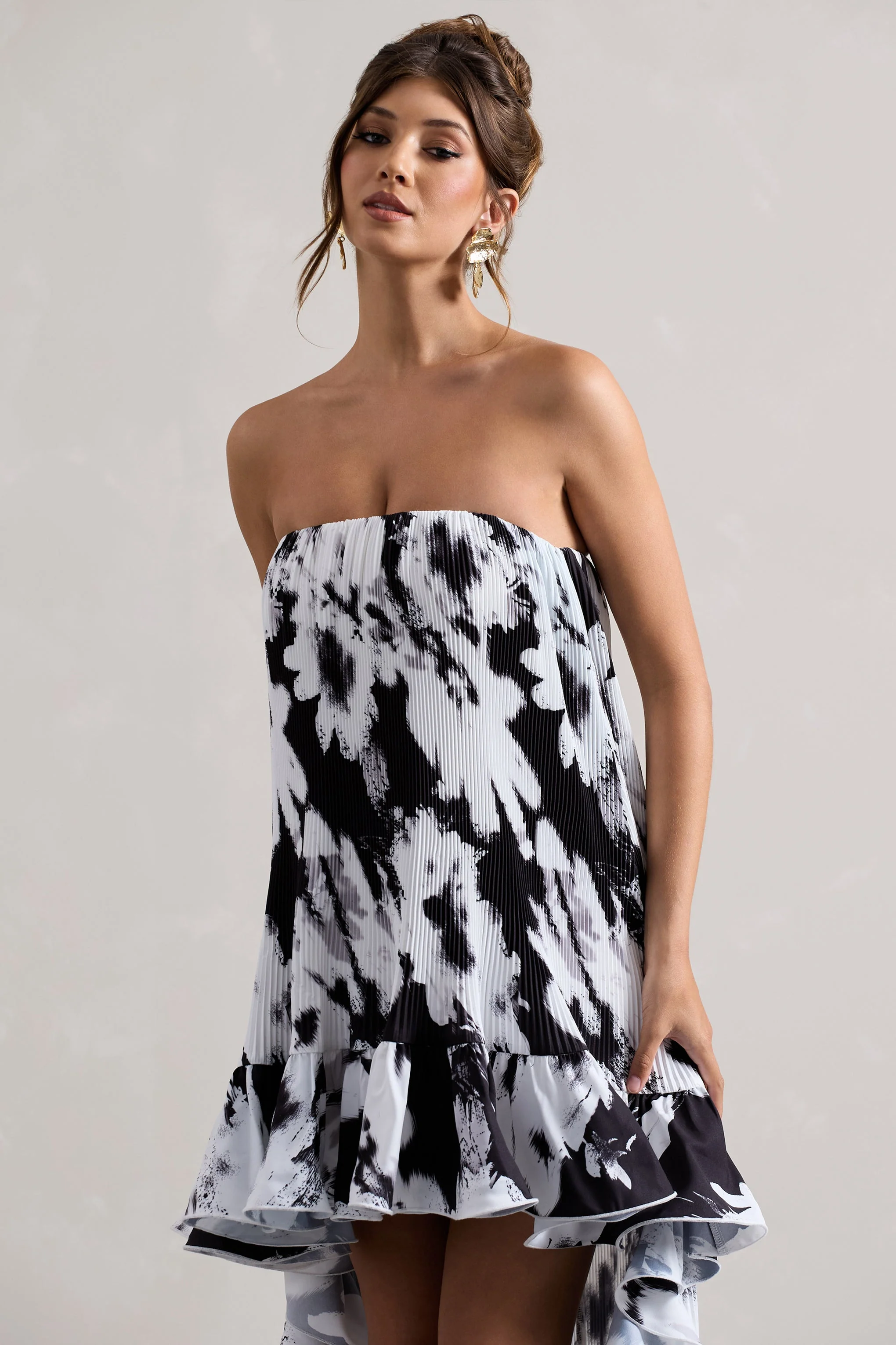 Whistler | Monochrome Floral Chiffon Bandeau High-Low Ruffled Maxi Dress - Image 4
