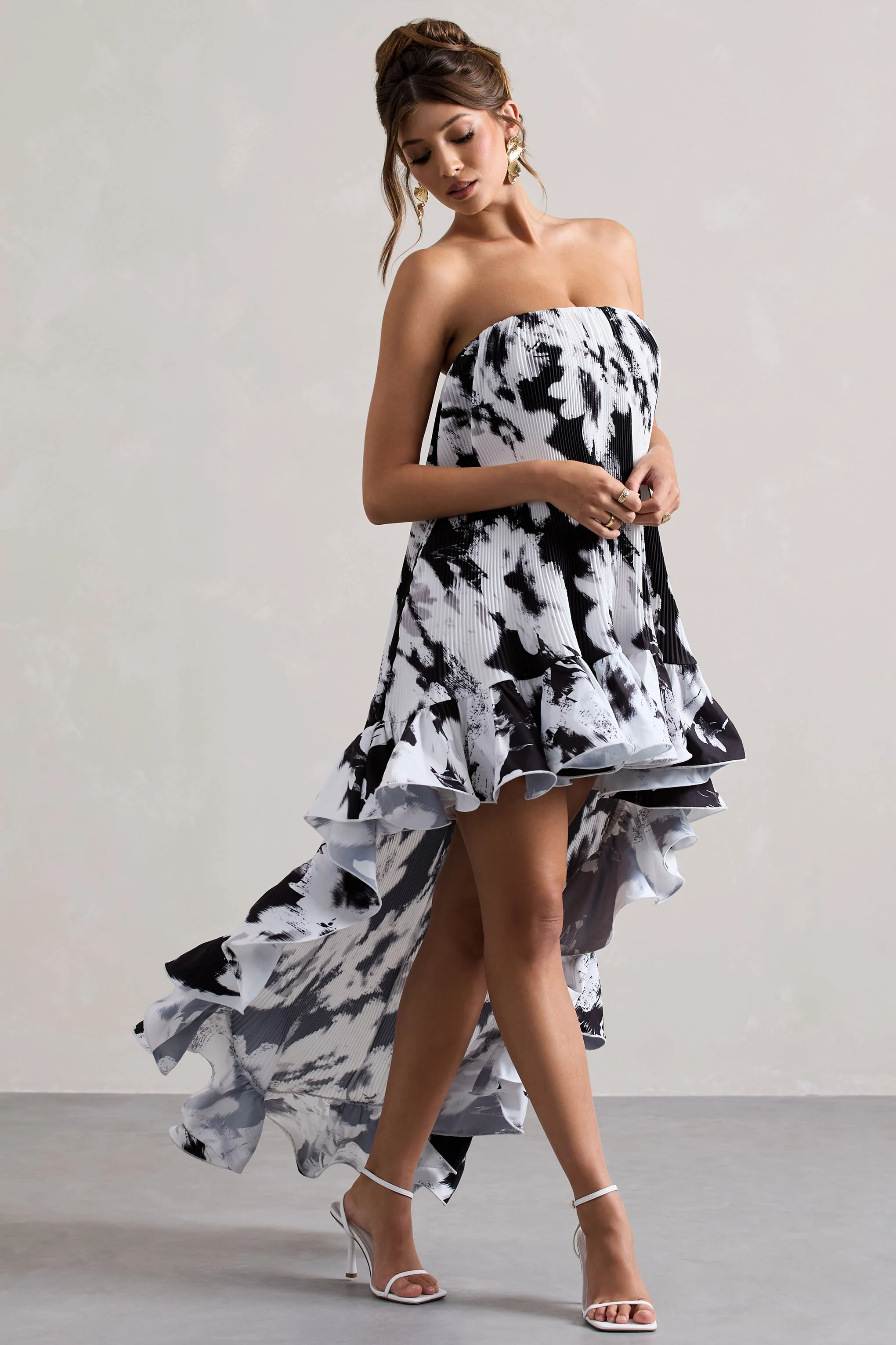 Whistler | Monochrome Floral Chiffon Bandeau High-Low Ruffled Maxi Dress - Image 5