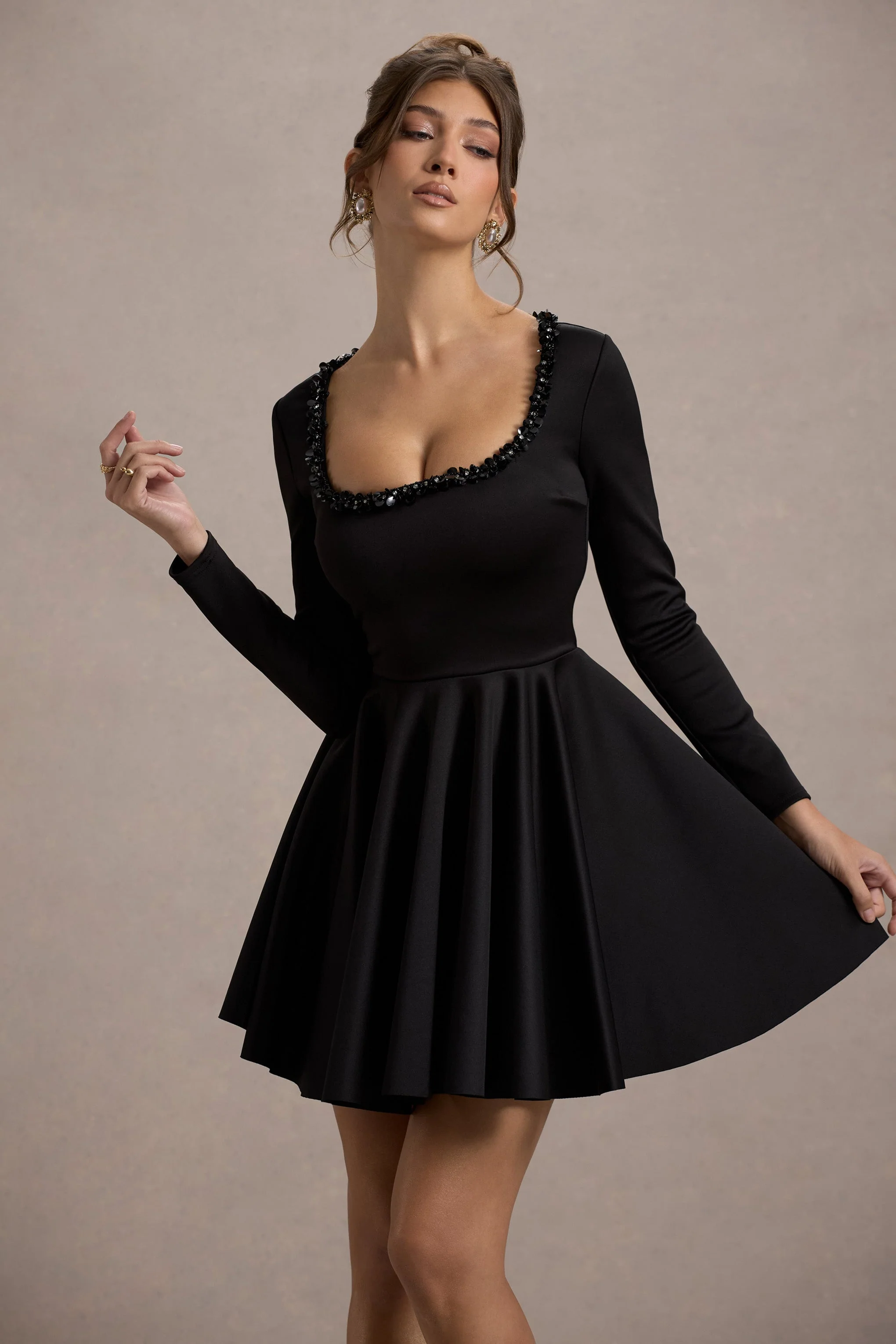 Wilder | Black Embellished Square-Neck Long-Sleeve Skater Mini Dress - Image 3