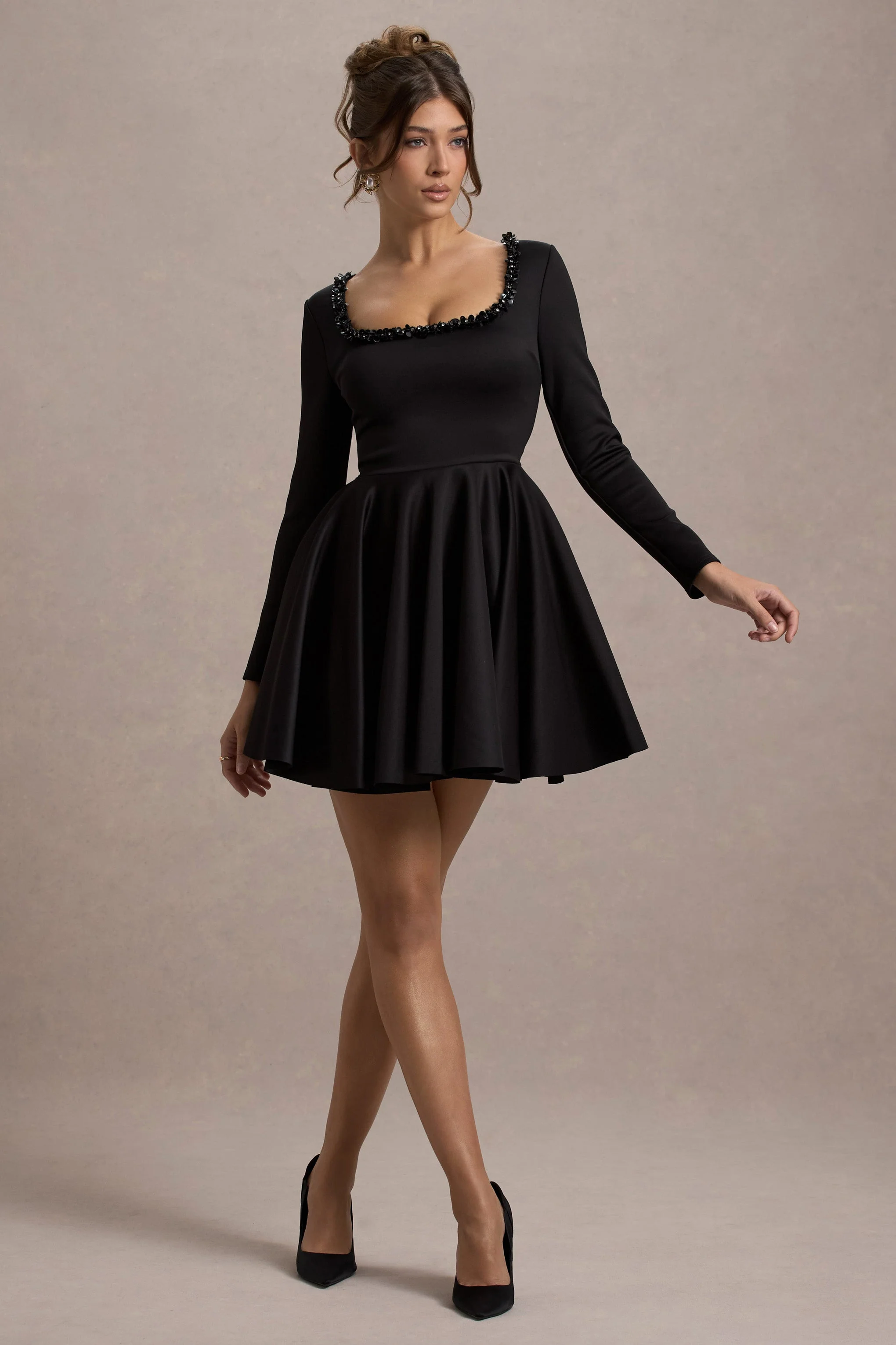 Wilder | Black Embellished Square-Neck Long-Sleeve Skater Mini Dress - Image 4