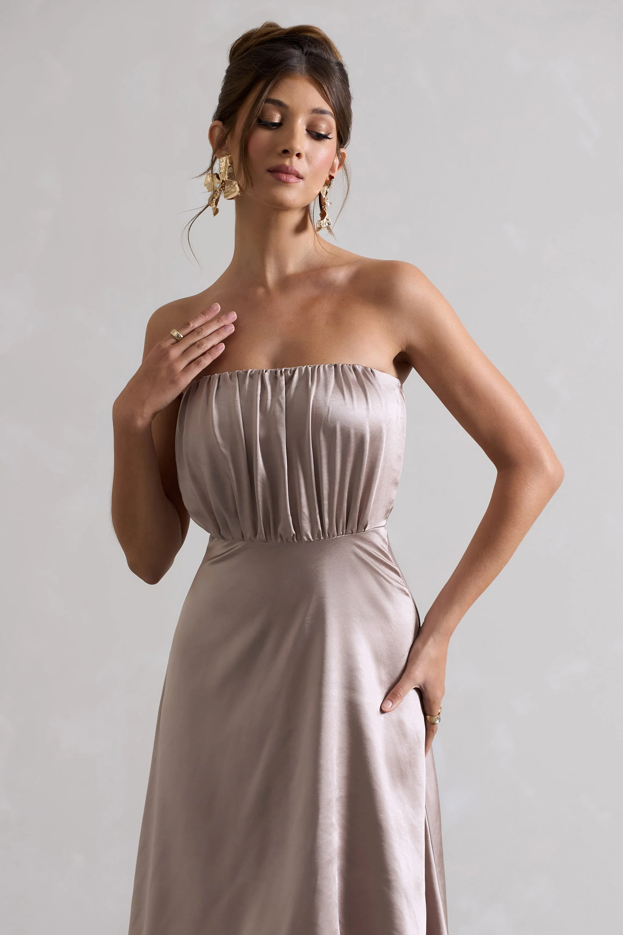 Willa | Taupe Satin Bandeau Maxi Dress With Asymmetric Hem - Image 3