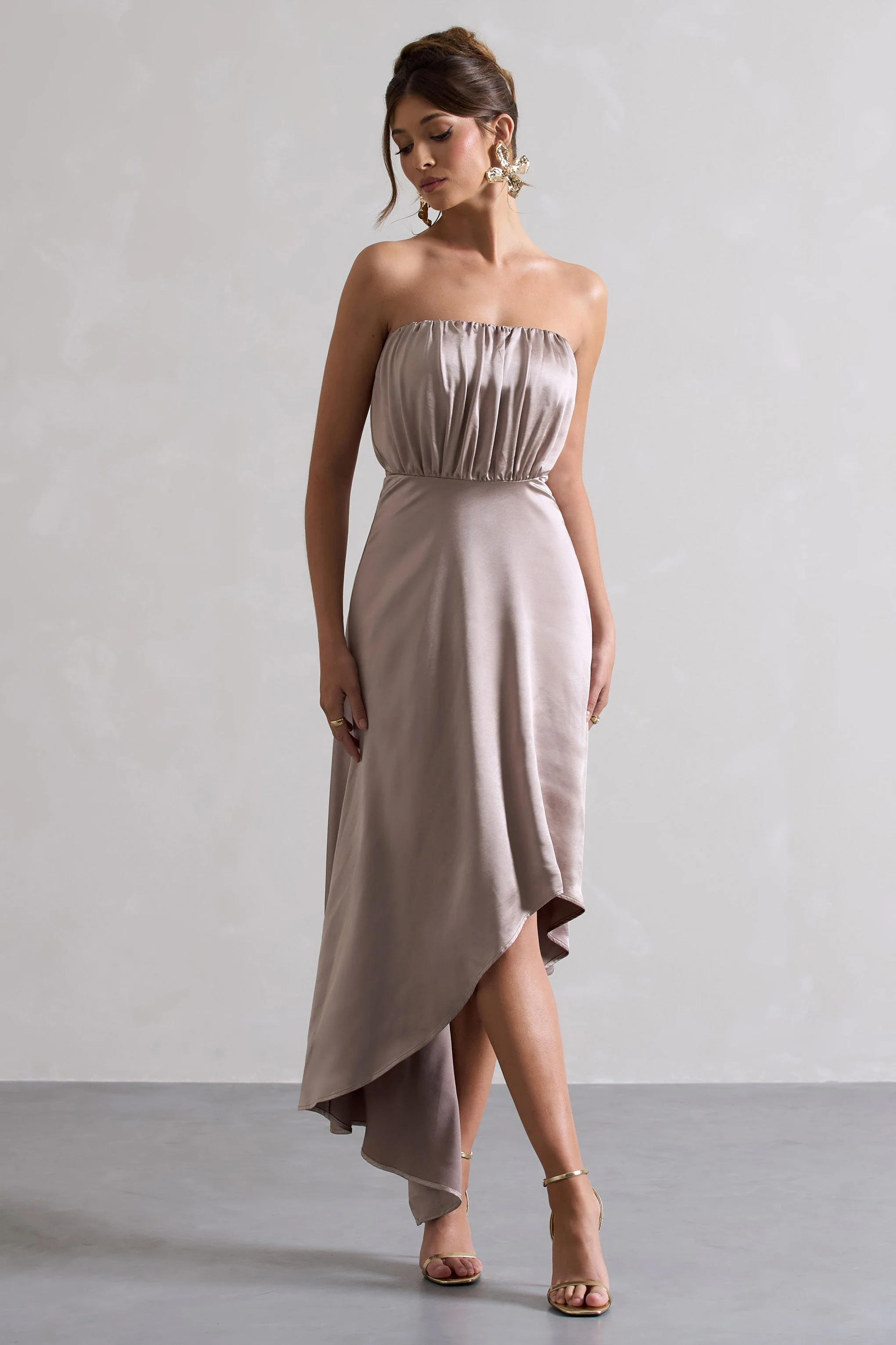 Willa | Taupe Satin Bandeau Maxi Dress With Asymmetric Hem - Image 4