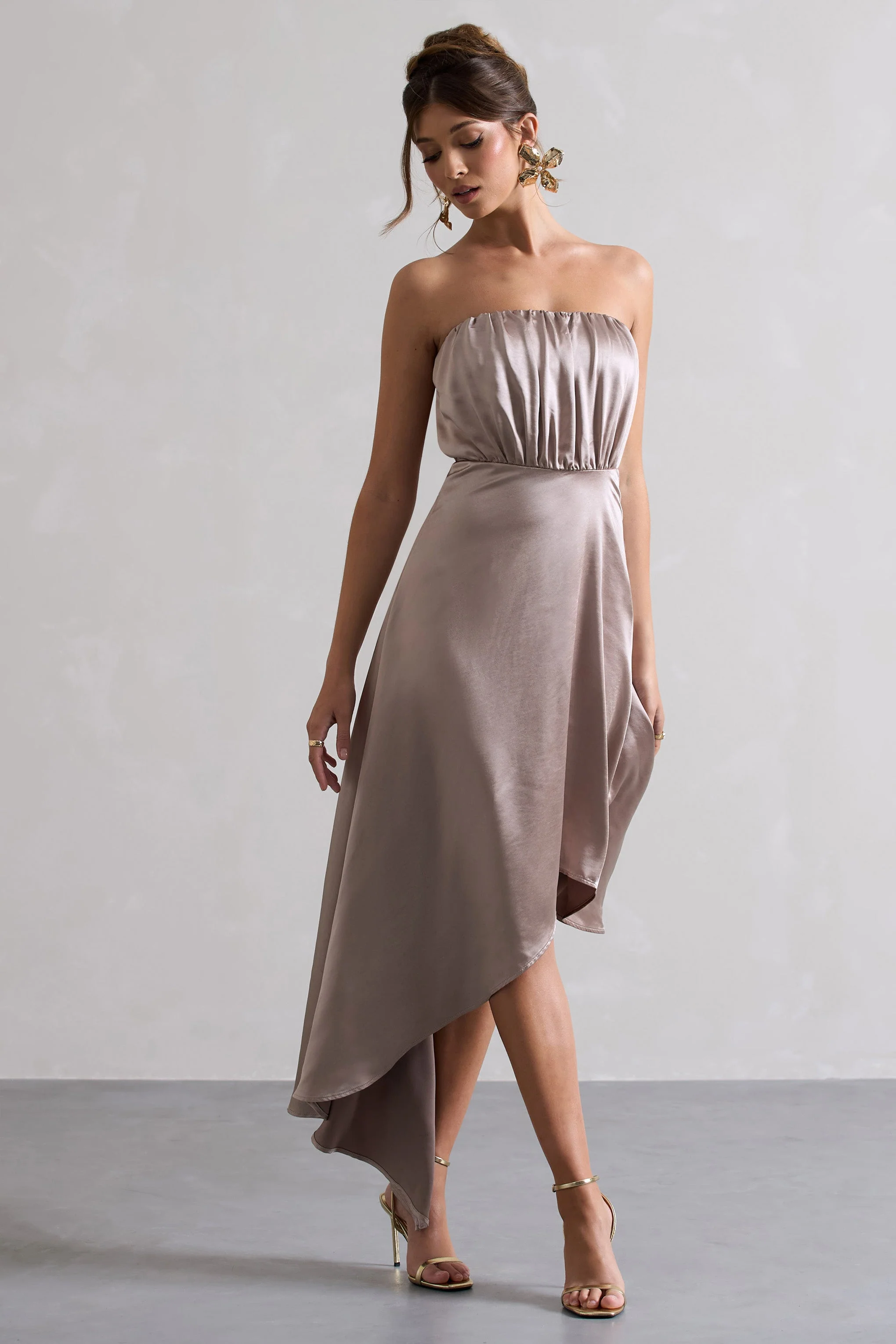 Willa | Taupe Satin Bandeau Maxi Dress With Asymmetric Hem - Image 5