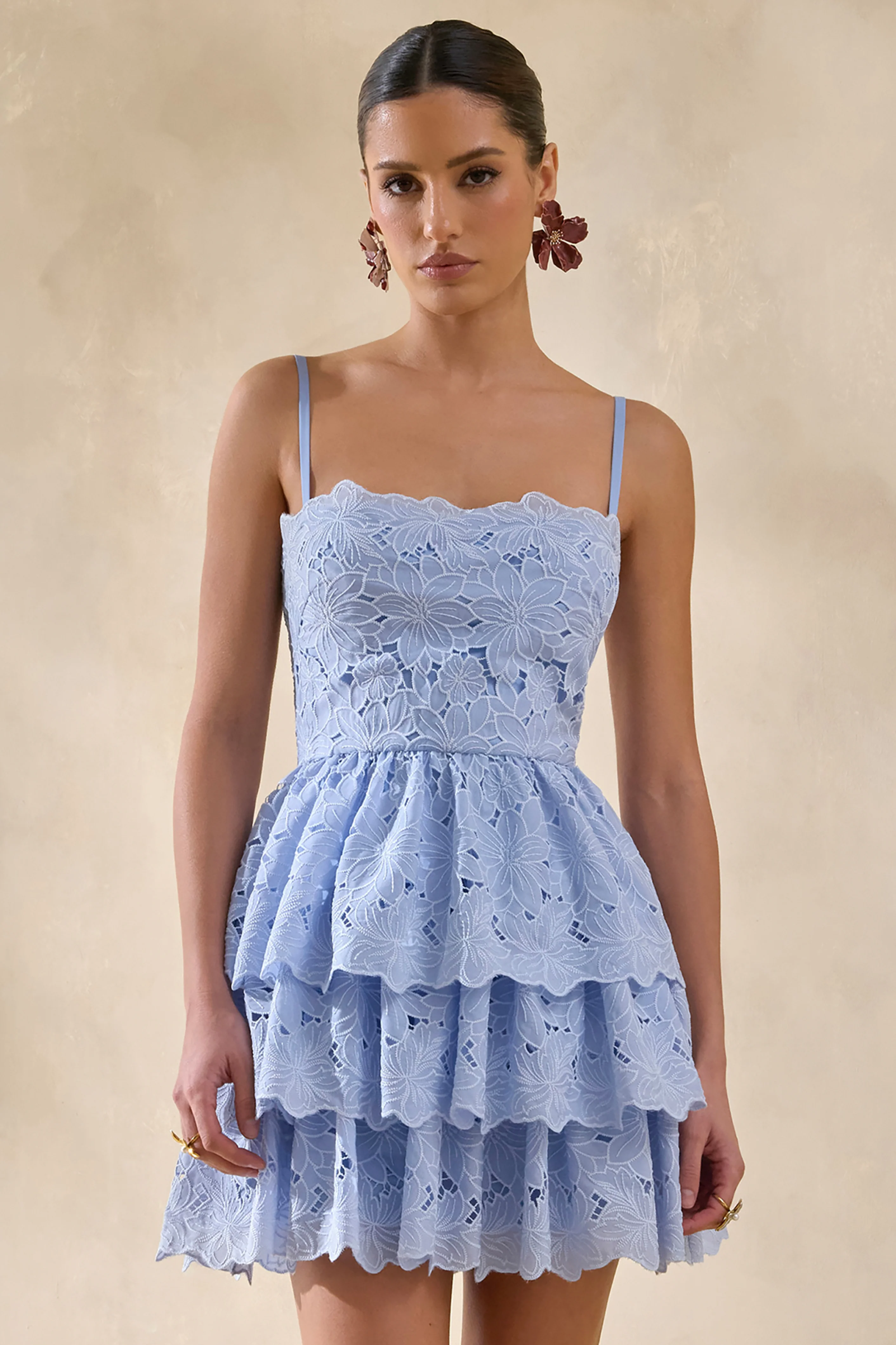 Winona | Powder Blue Lace Square-Neck Mini Dress With Ruffled Detailing