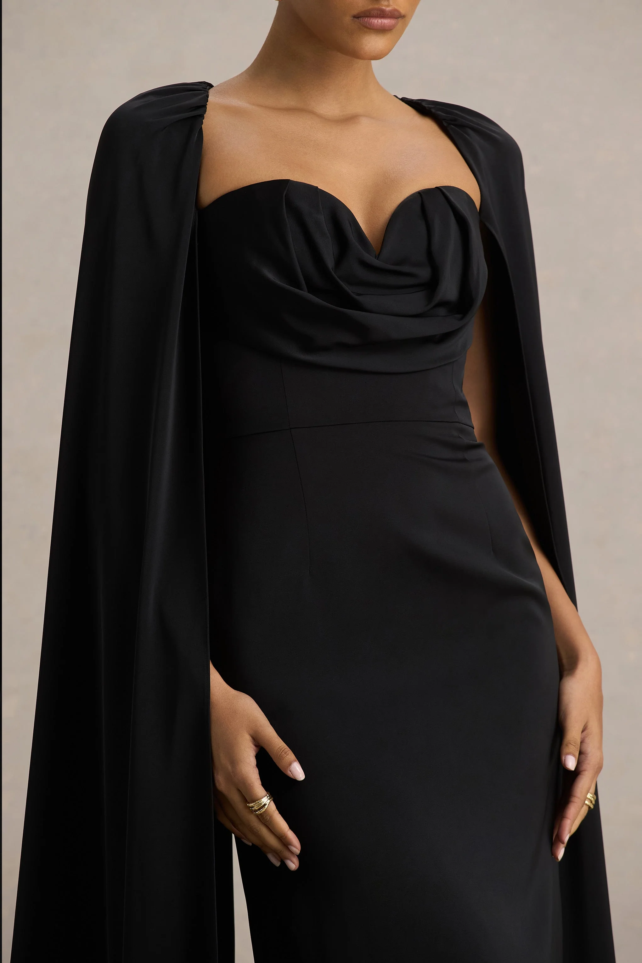 Wren | Black Satin Sweetheart-Neck Maxi Dress With Cape Sleeves - Image 3