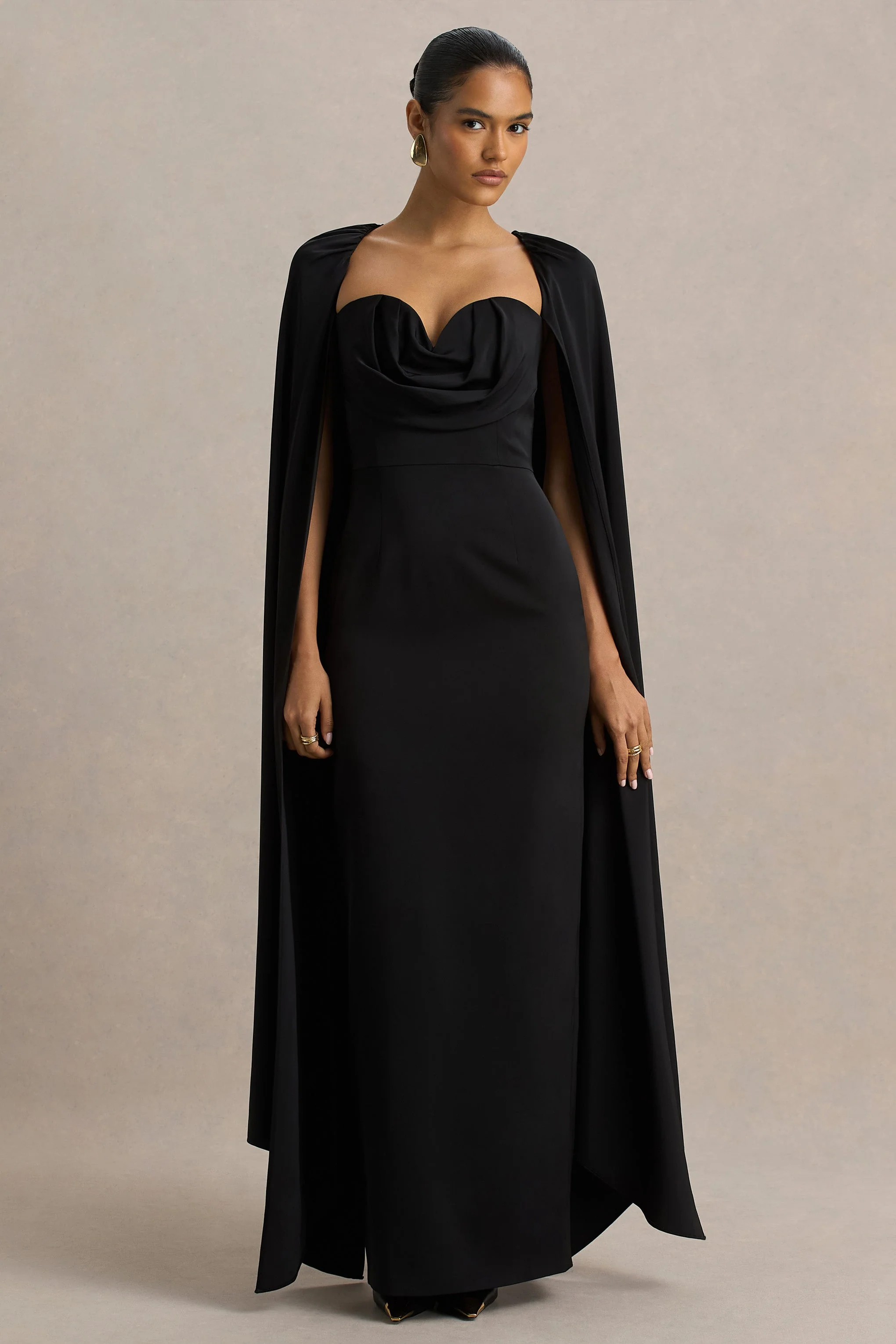 Wren | Black Satin Sweetheart-Neck Maxi Dress With Cape Sleeves - Image 4