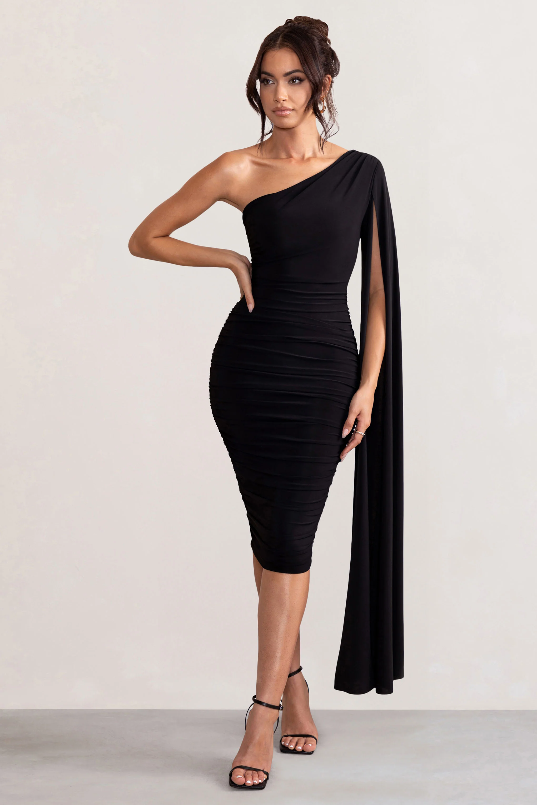 Yara | Black One Shoulder Cape Ruched Midi Dress - Image 4