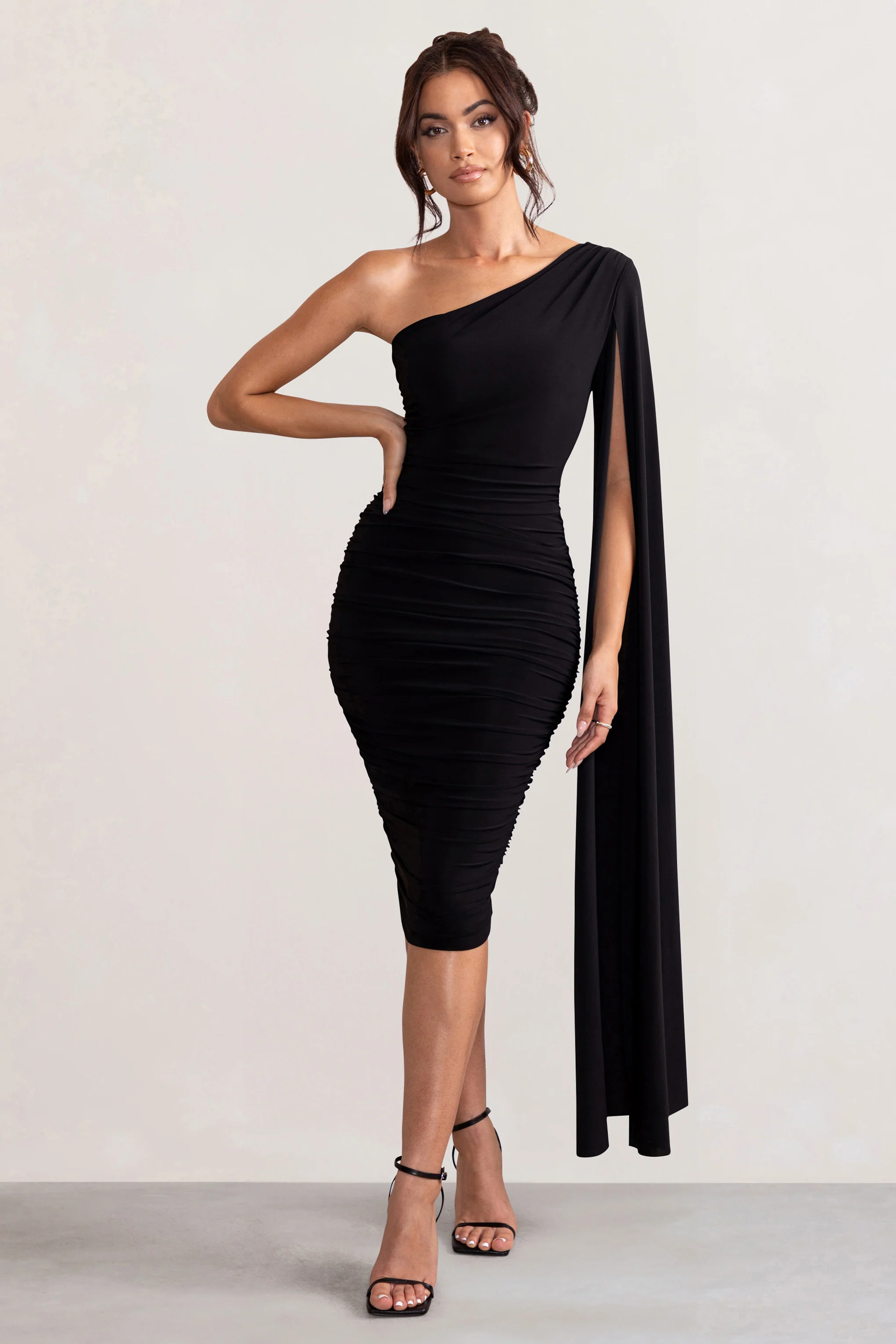 Yara | Black One Shoulder Cape Ruched Midi Dress - Image 6