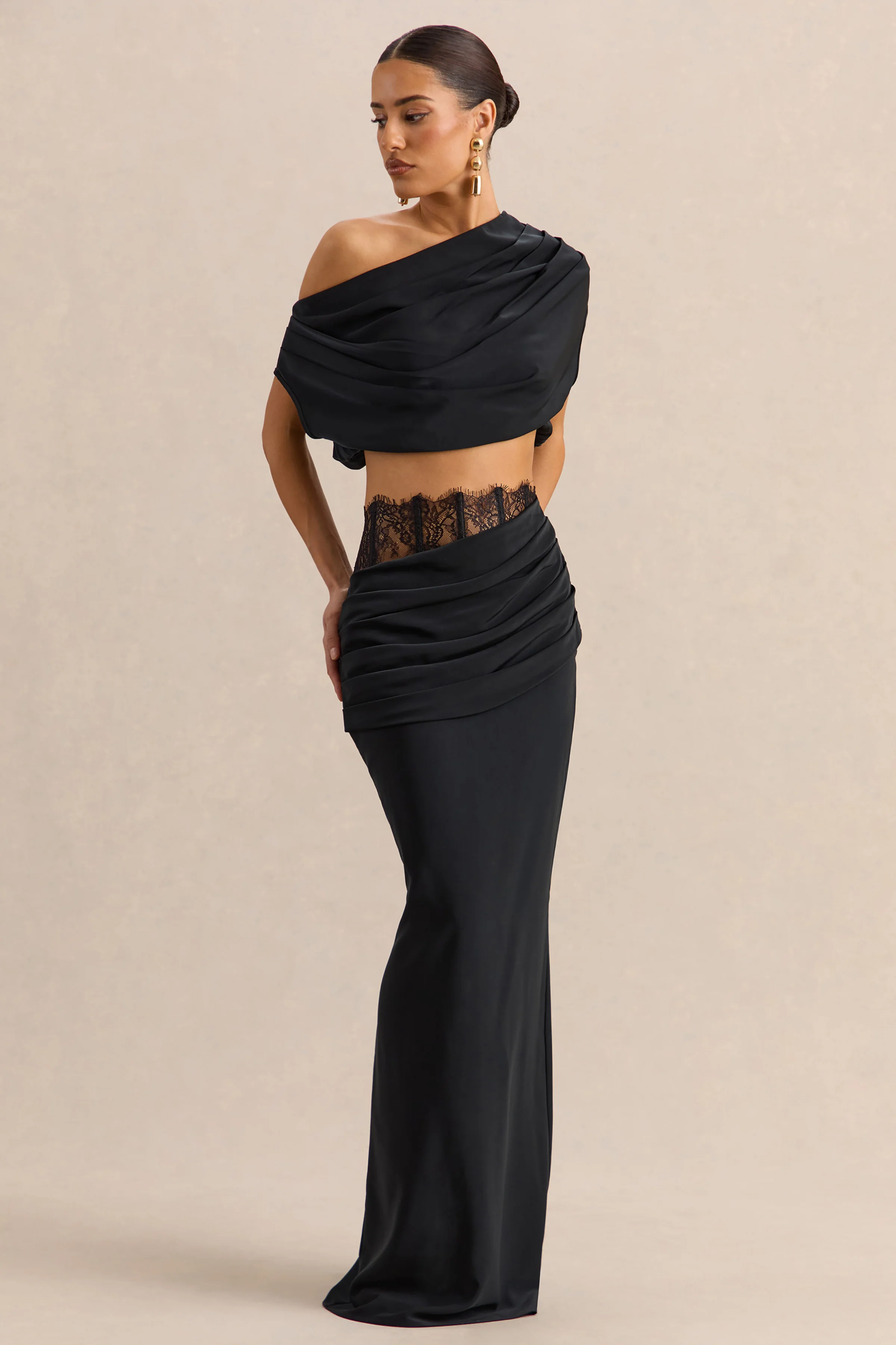 Yaselle | Black Satin Asymmetric-Neck Crop-Top - Image 4