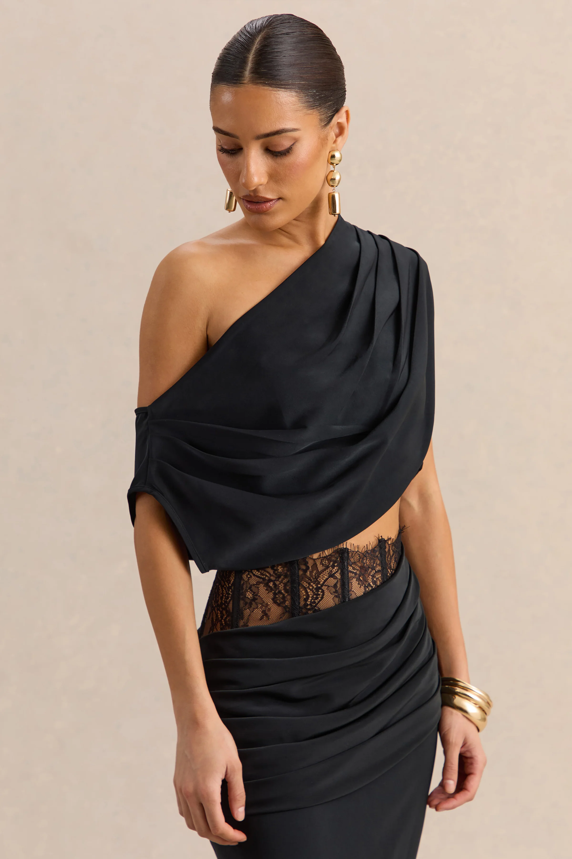 Yaselle | Black Satin Asymmetric-Neck Crop-Top - Image 5