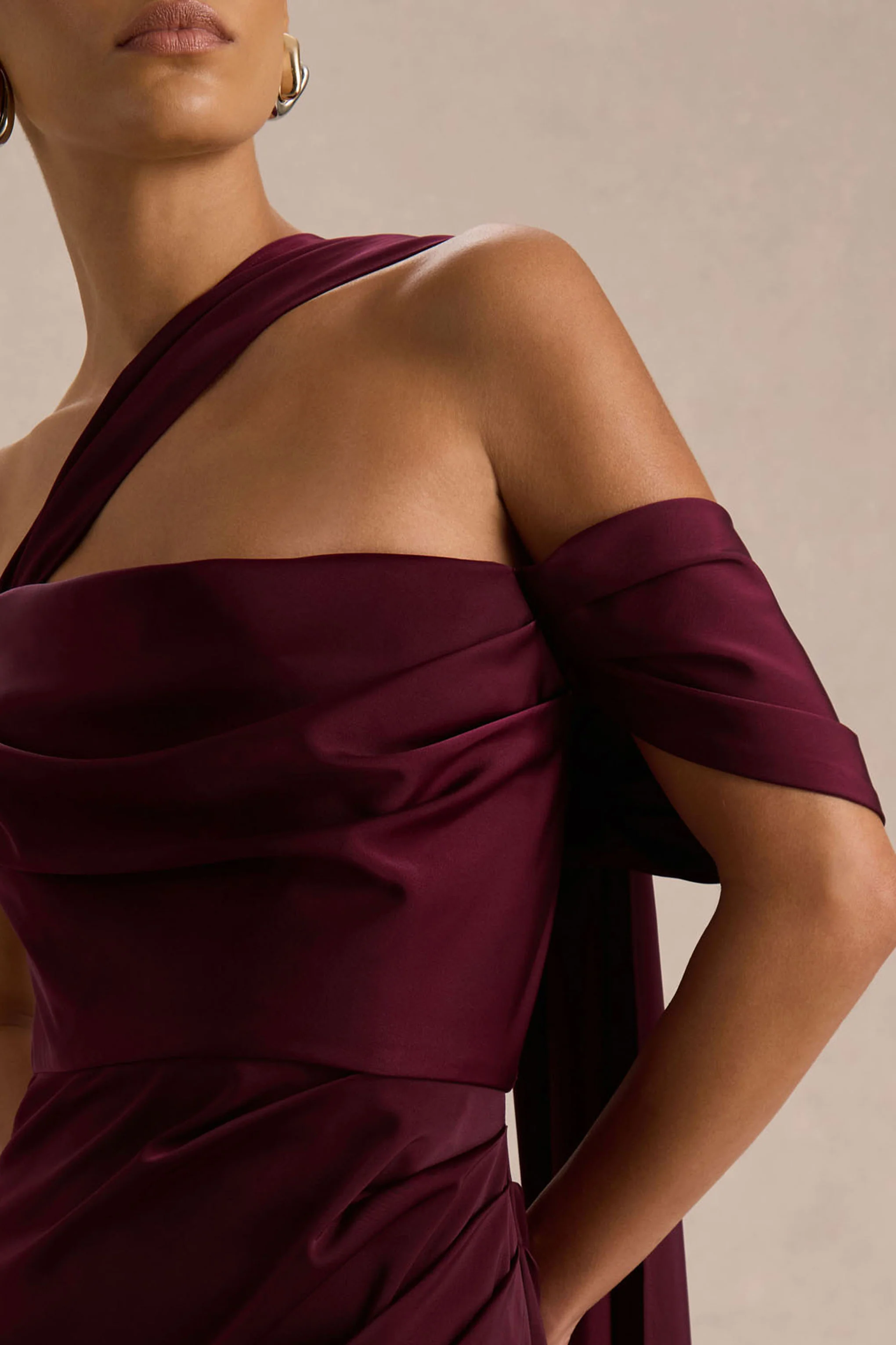 Yazmin | Burgundy Satin Asymmetric Maxi Dress With One-Sleeve Cape - Image 3