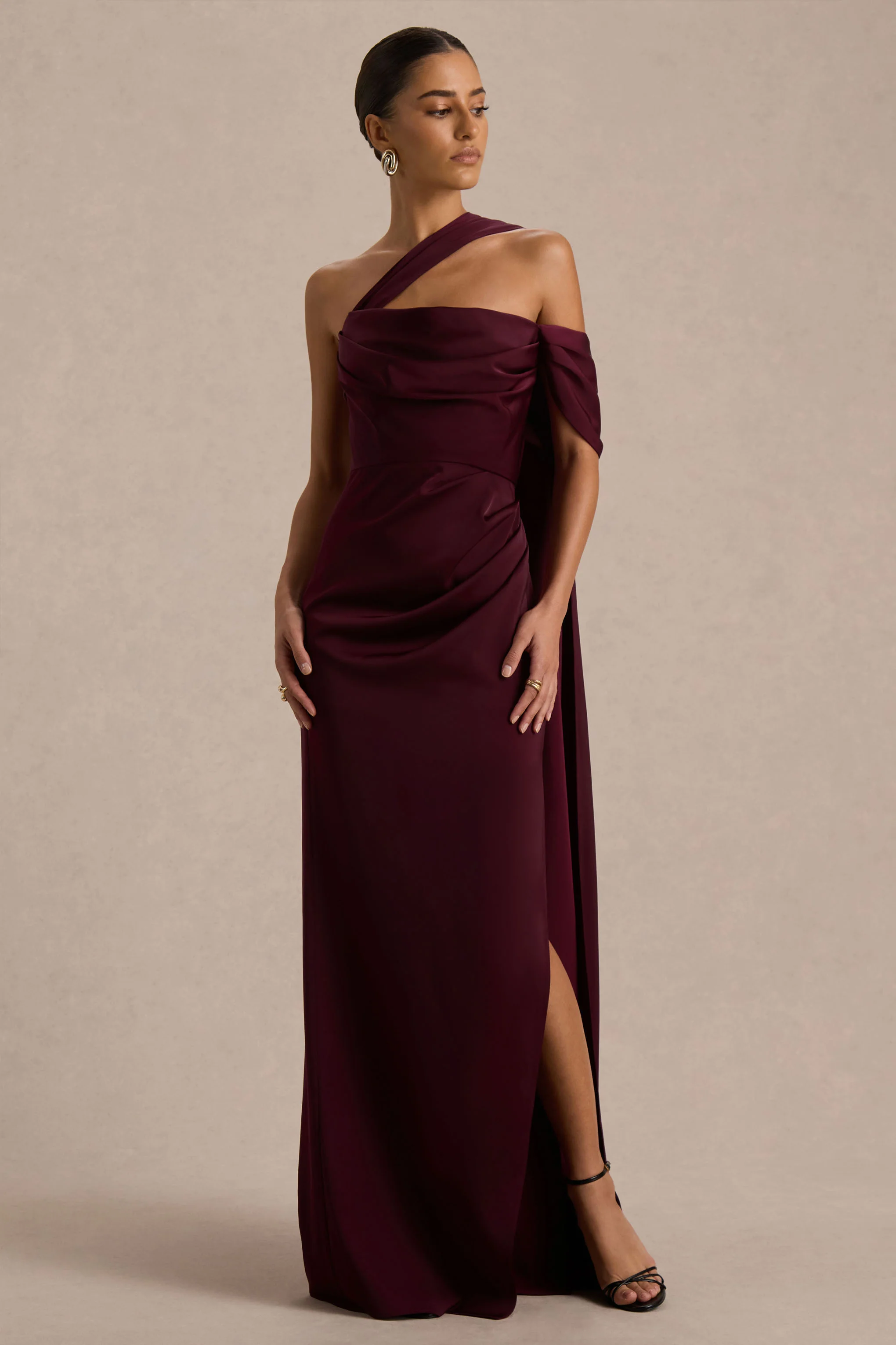 Yazmin | Burgundy Satin Asymmetric Maxi Dress With One-Sleeve Cape - Image 4