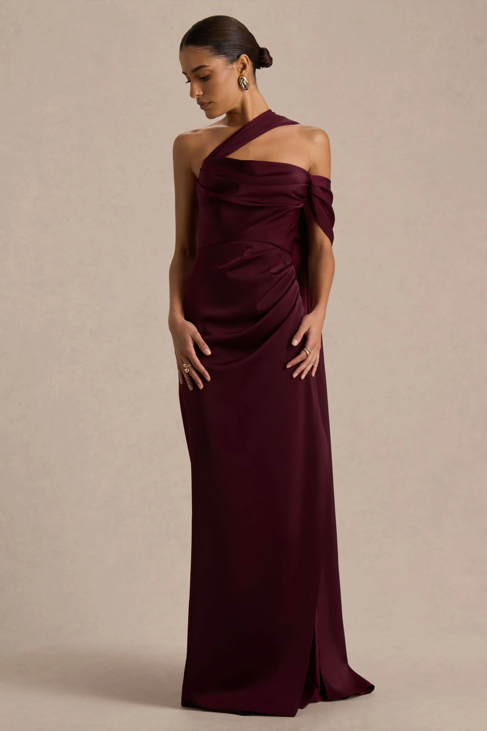 Yazmin | Burgundy Satin Asymmetric Maxi Dress With One-Sleeve Cape - Image 5