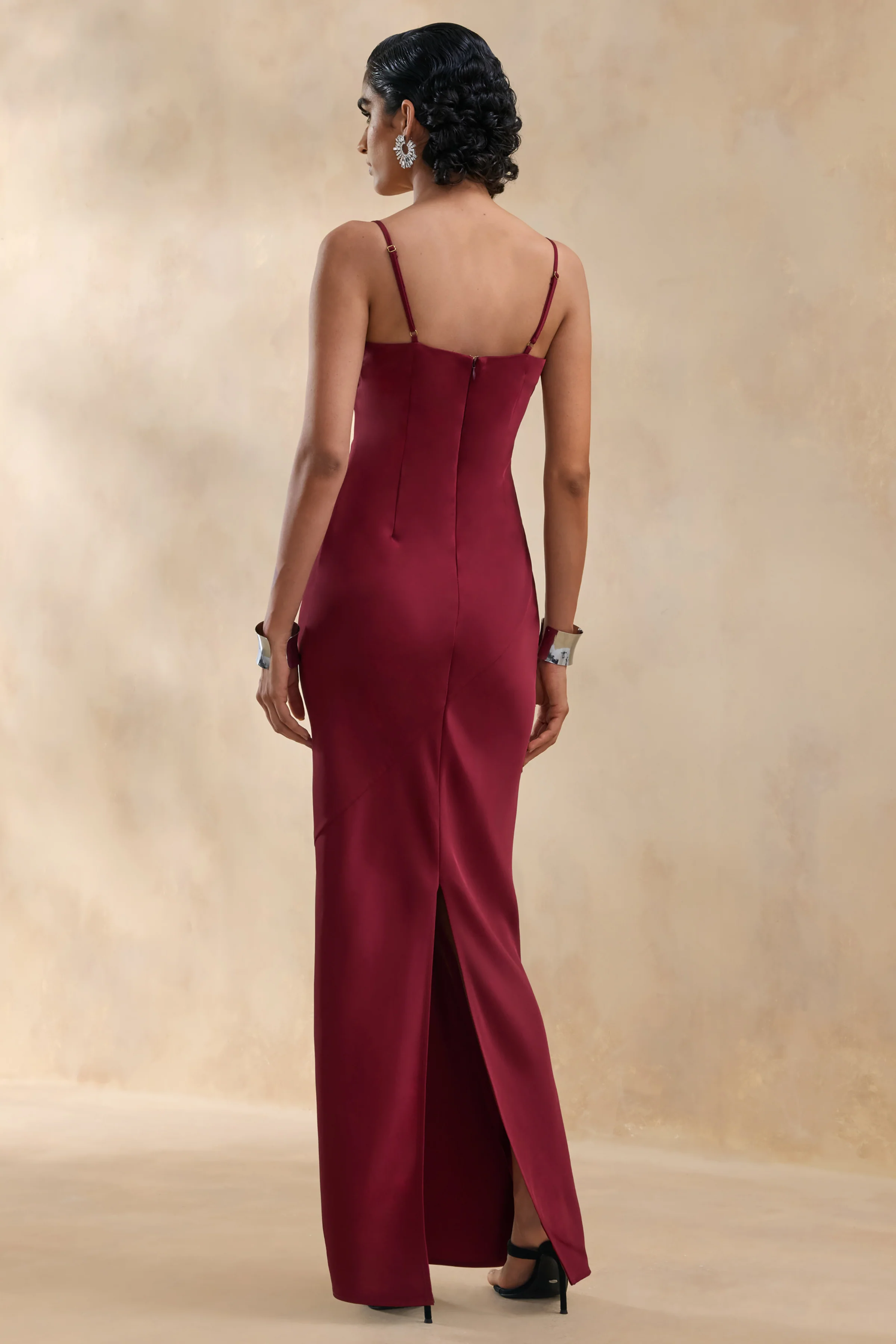 Yoli | Burgundy Satin Maxi Dress With Removable Twist-Cape - Image 5