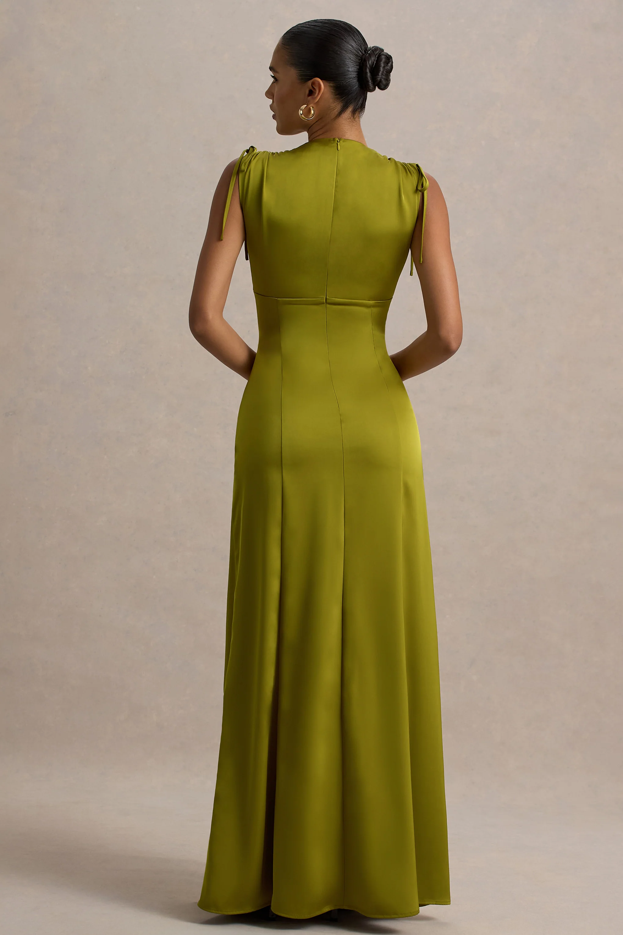 Ysabella | Olive Satin Plunge-Neck Split Maxi Dress - Image 2