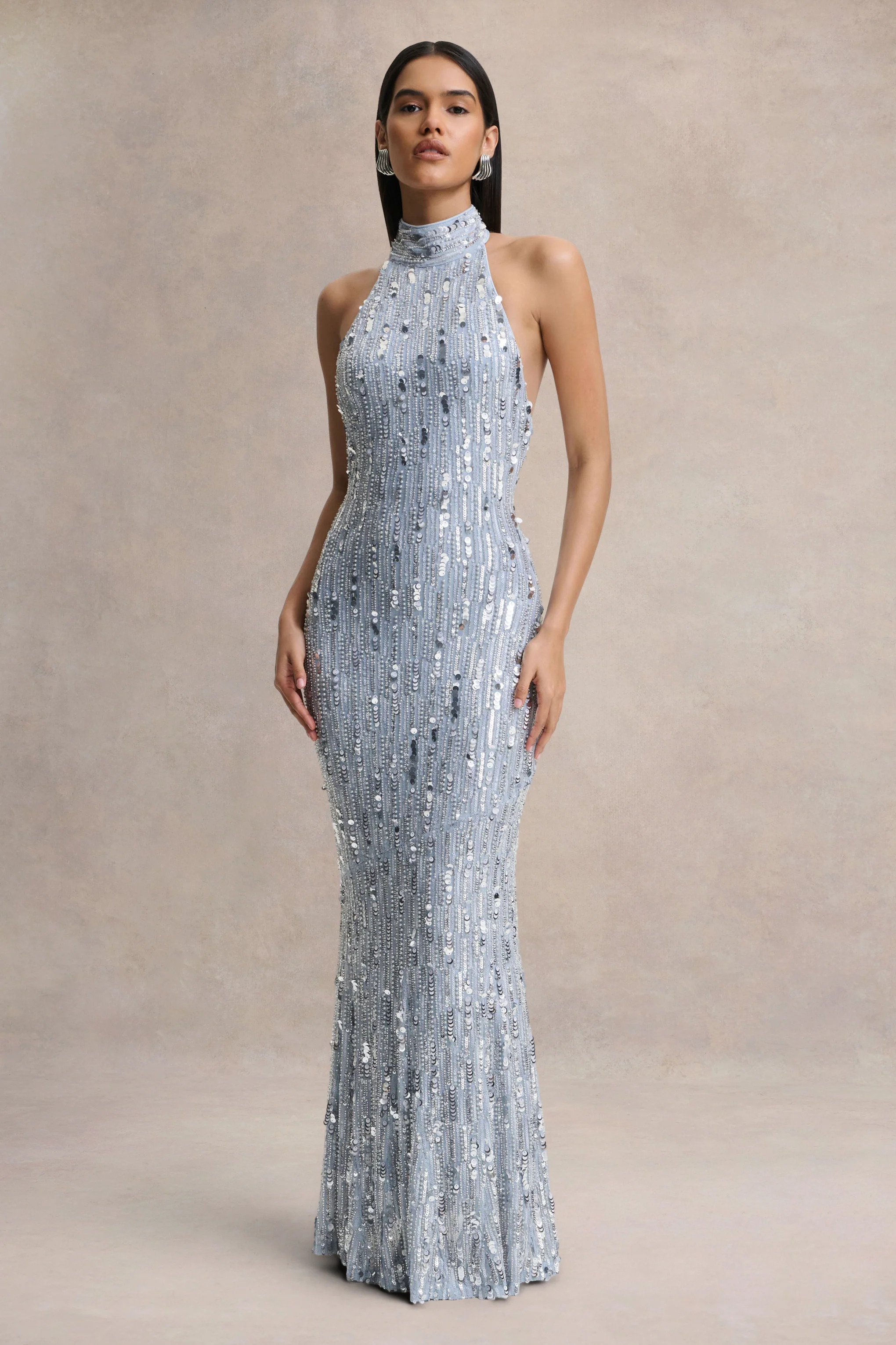 Zaira | Silver Sequin High-Neck Maxi Dress With Open-Back - Image 4