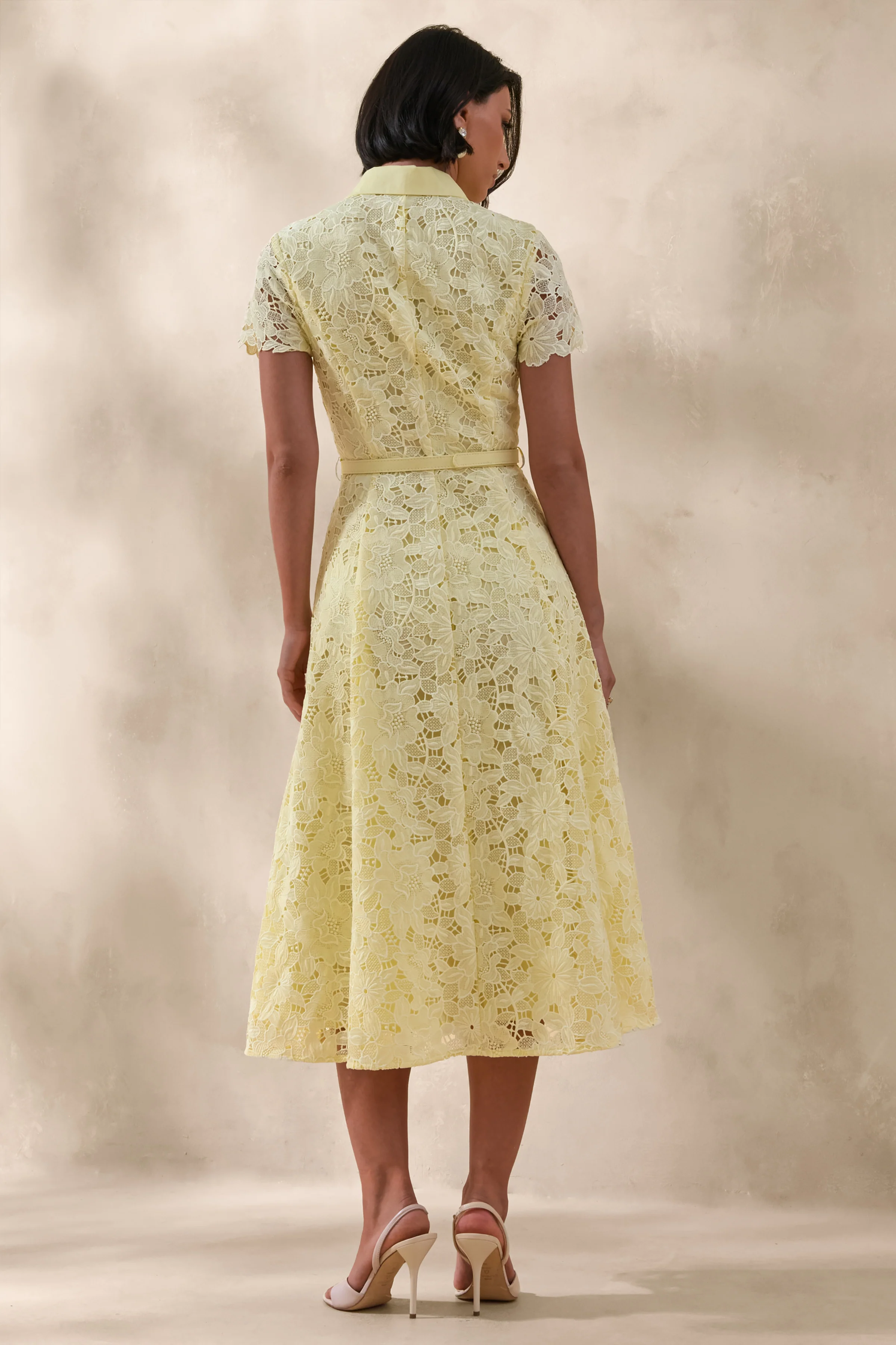 Zalie | Yellow Lace High-Neck Belted Midi Dress - Image 2