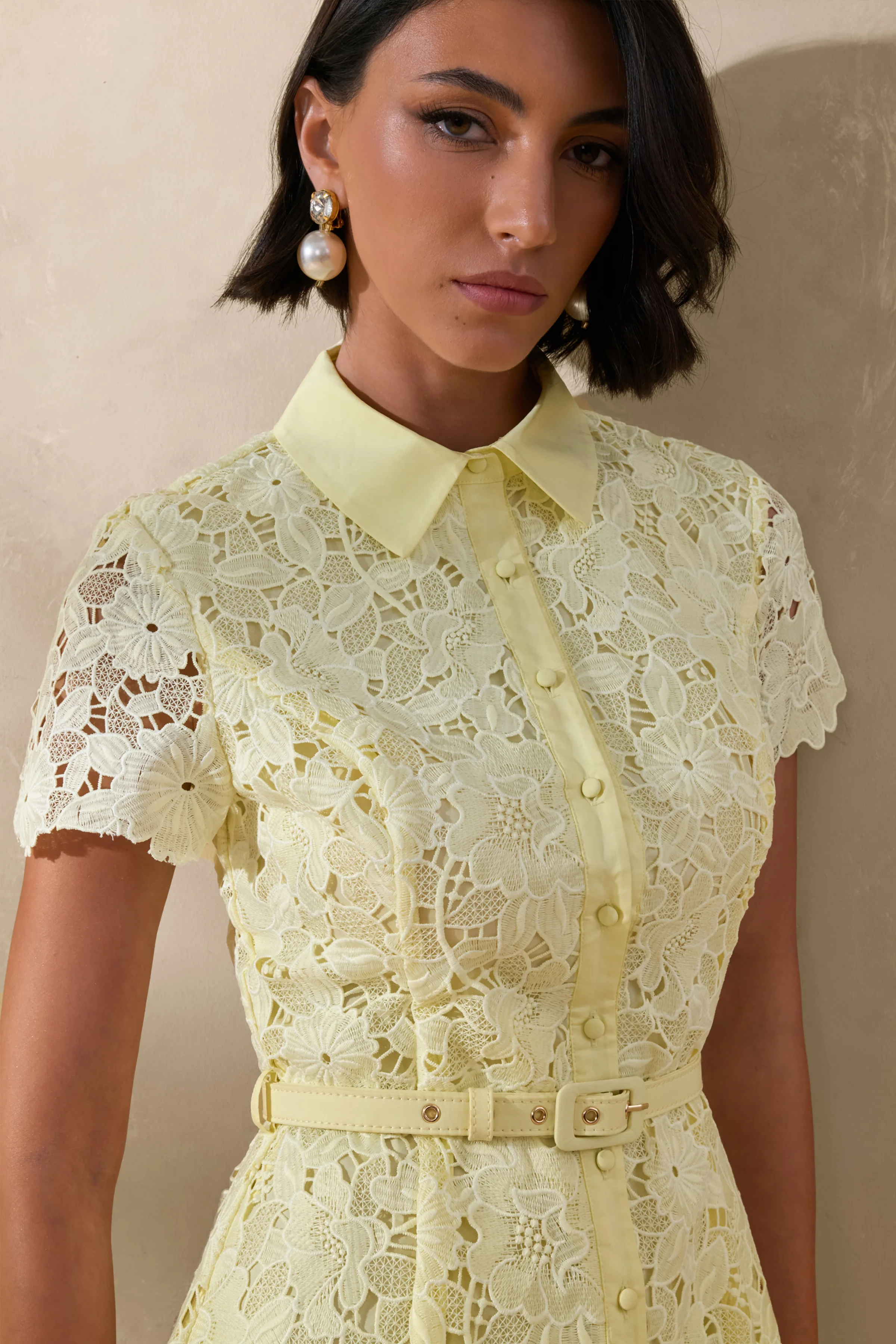 Zalie | Yellow Lace High-Neck Belted Midi Dress - Image 3
