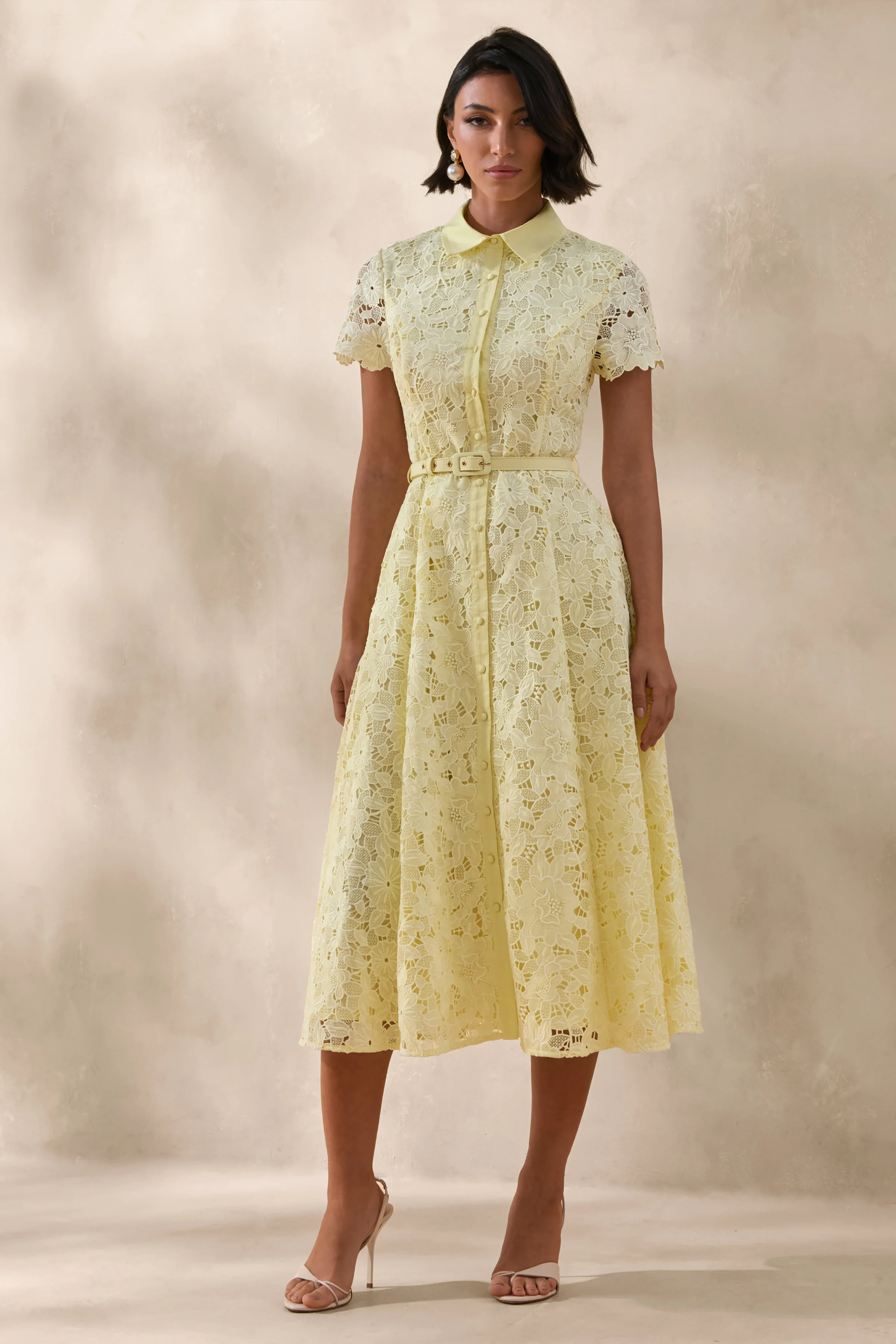 Zalie | Yellow Lace High-Neck Belted Midi Dress - Image 4