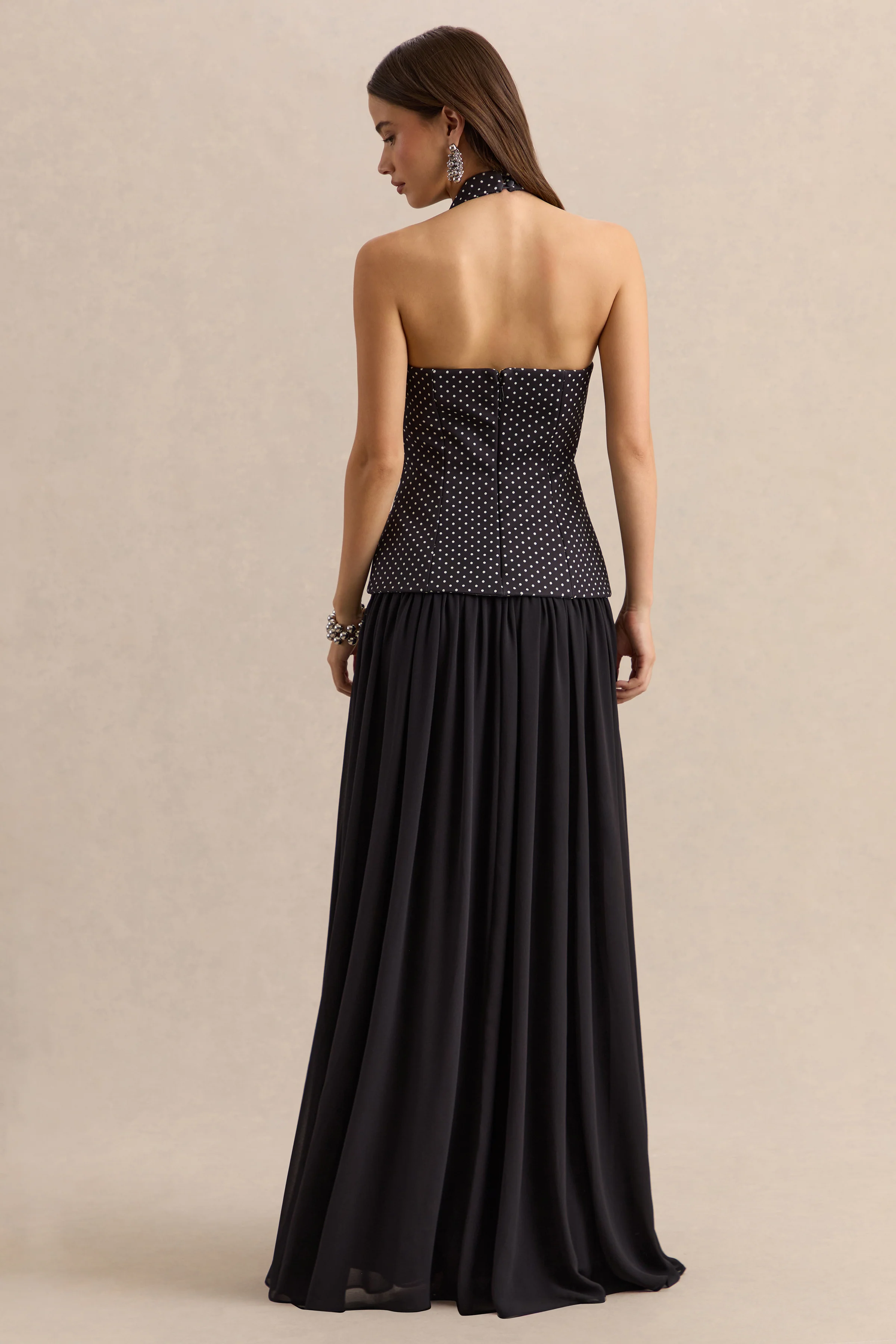 Zarina | Black & White Polka-Dot Plunge-Neck Maxi Dress - Image 2
