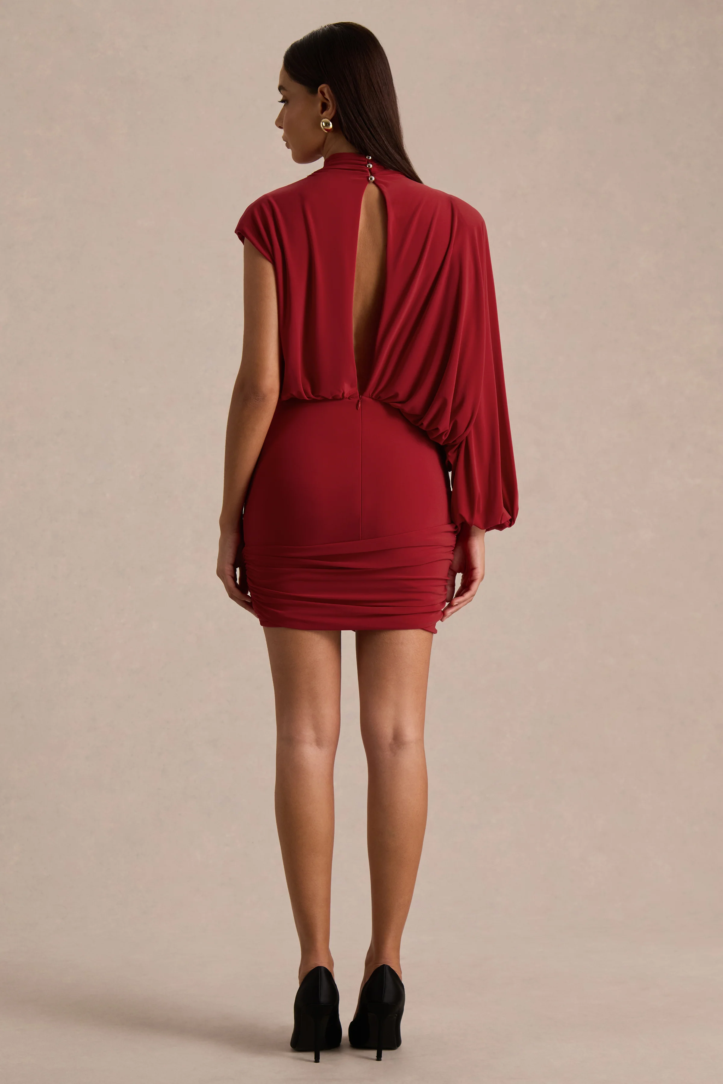 Zelda | Red High-Neck Mini Dress With One-Long Sleeve And Twisted Detail - Image 2