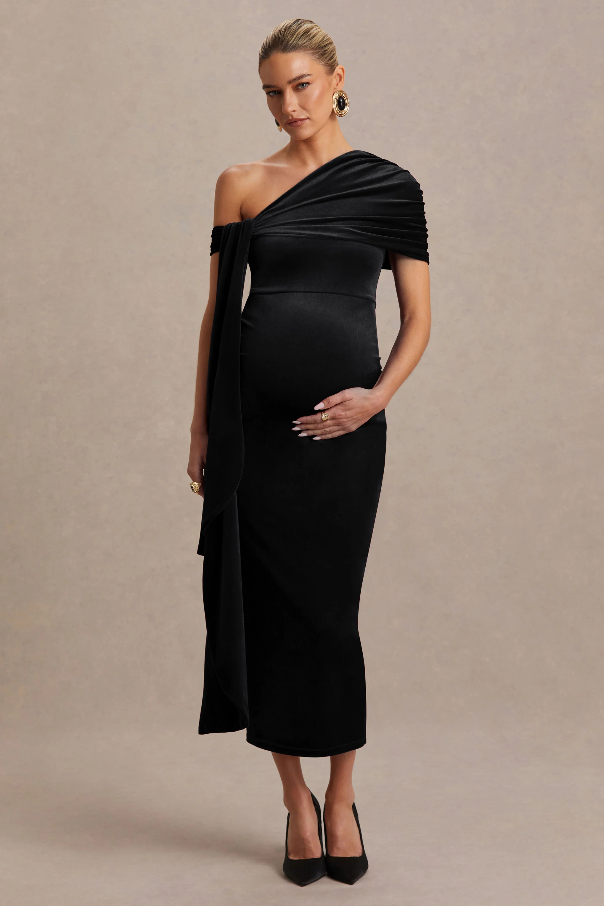 Zena | Black Velvet Asymmetric-Neck Maternity Midi Dress With Knot And Sash Detail - Image 5