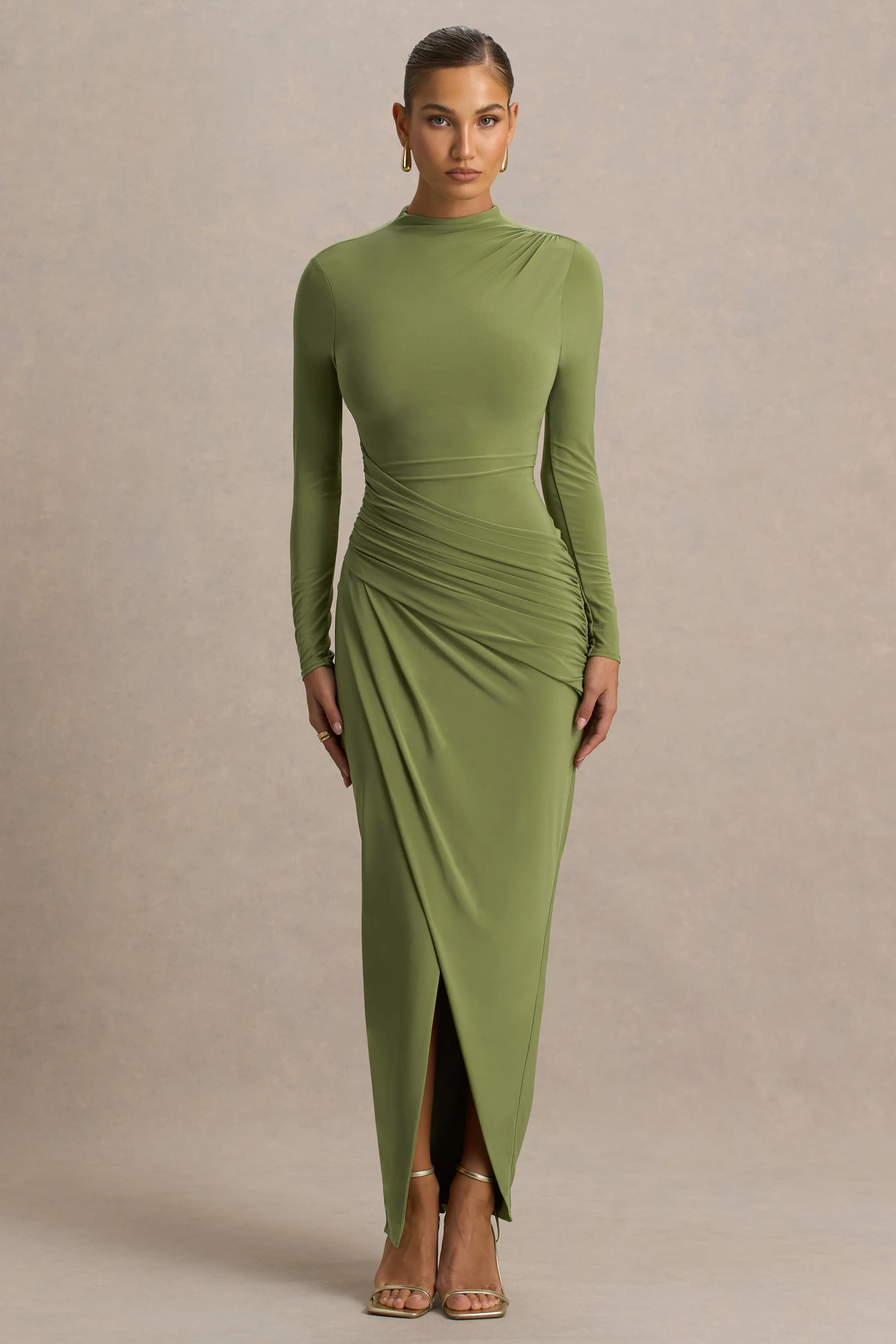 Zephyra | Olive High-Neck Wrapped Maxi Dress - Image 5